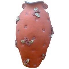 Vase en terre cuite vintage, signé, poterie moulée à la main