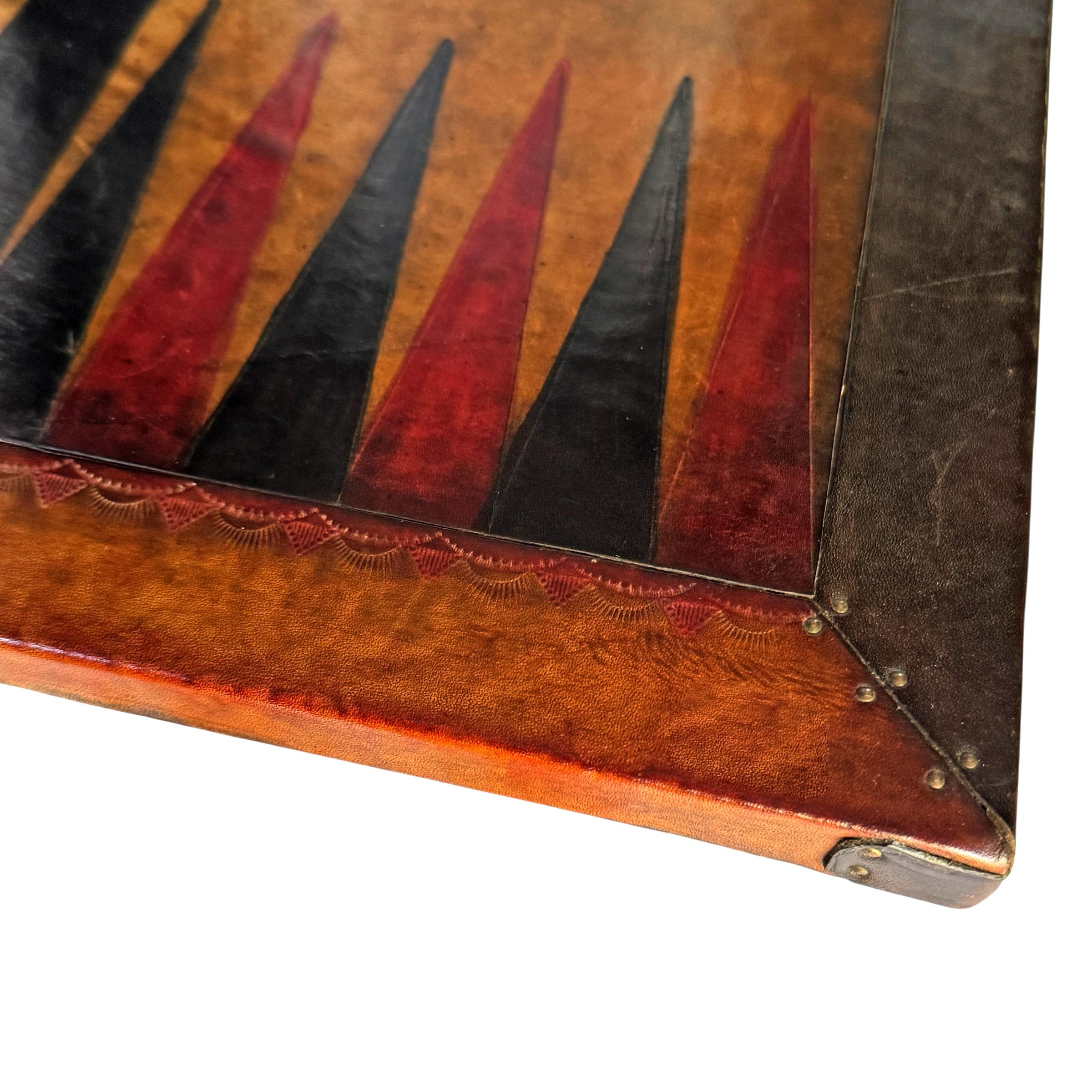 Vintage Hand-Tooled Leather Backgammon Game Board For Sale 5