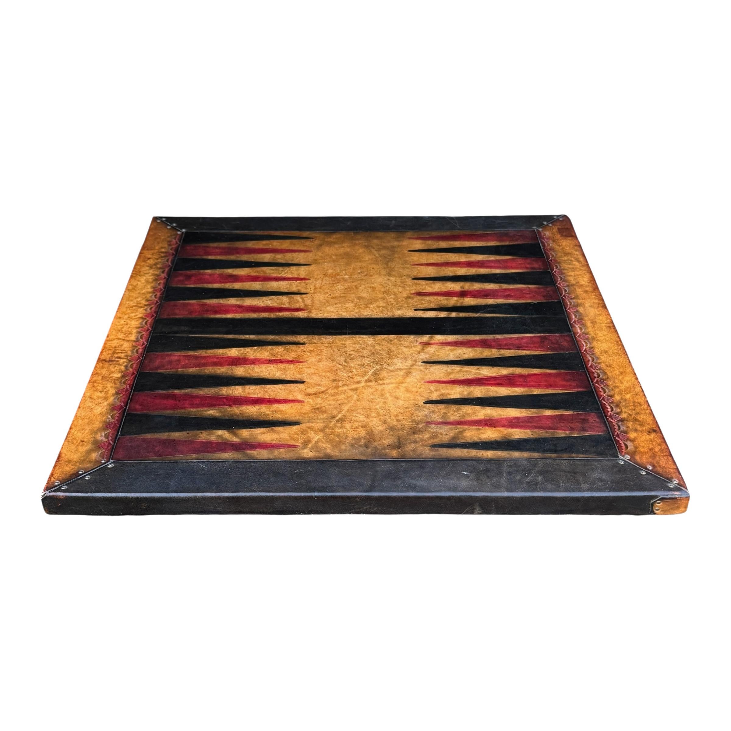 Folk Art Vintage Hand-Tooled Leather Backgammon Game Board For Sale