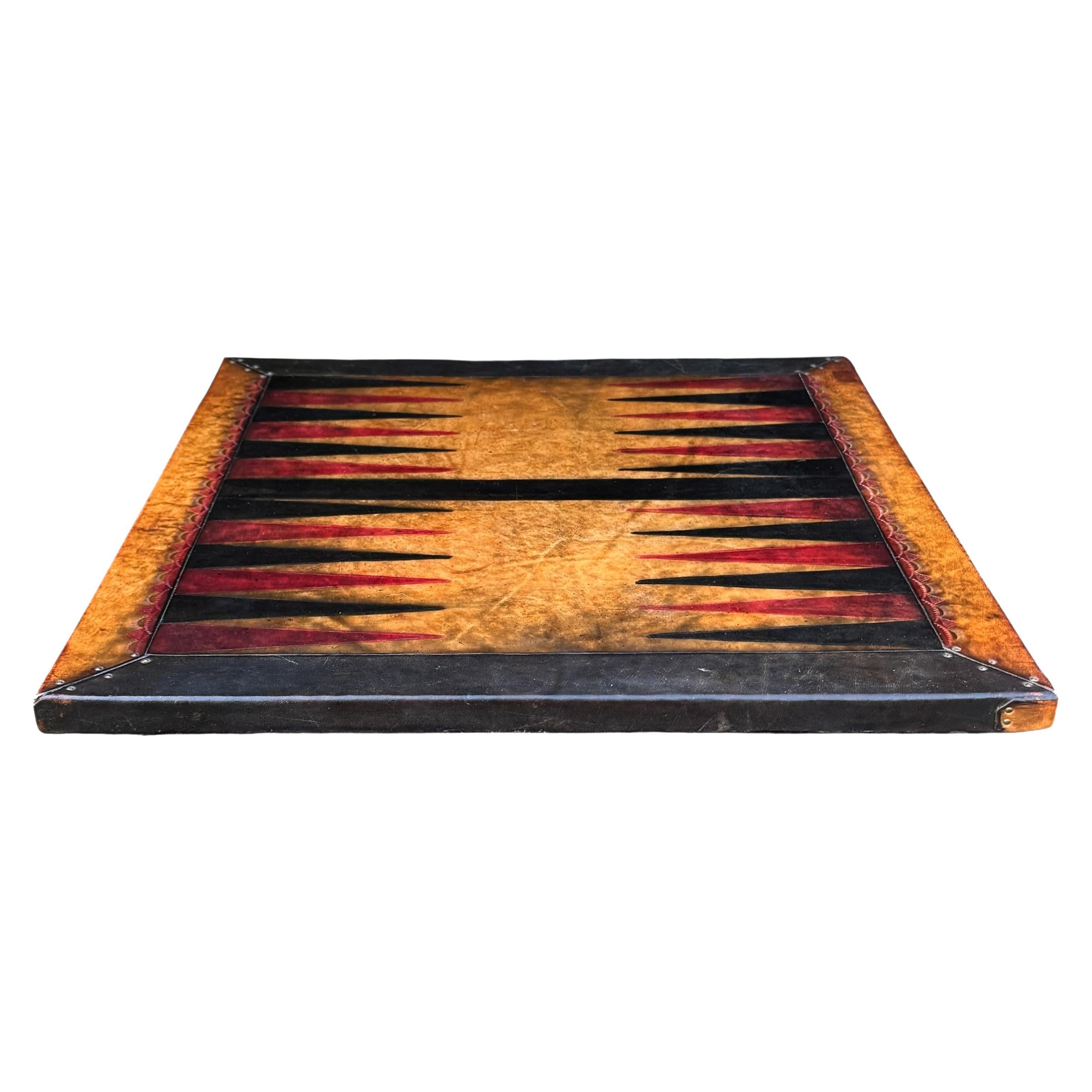 Mexican Vintage Hand-Tooled Leather Backgammon Game Board For Sale