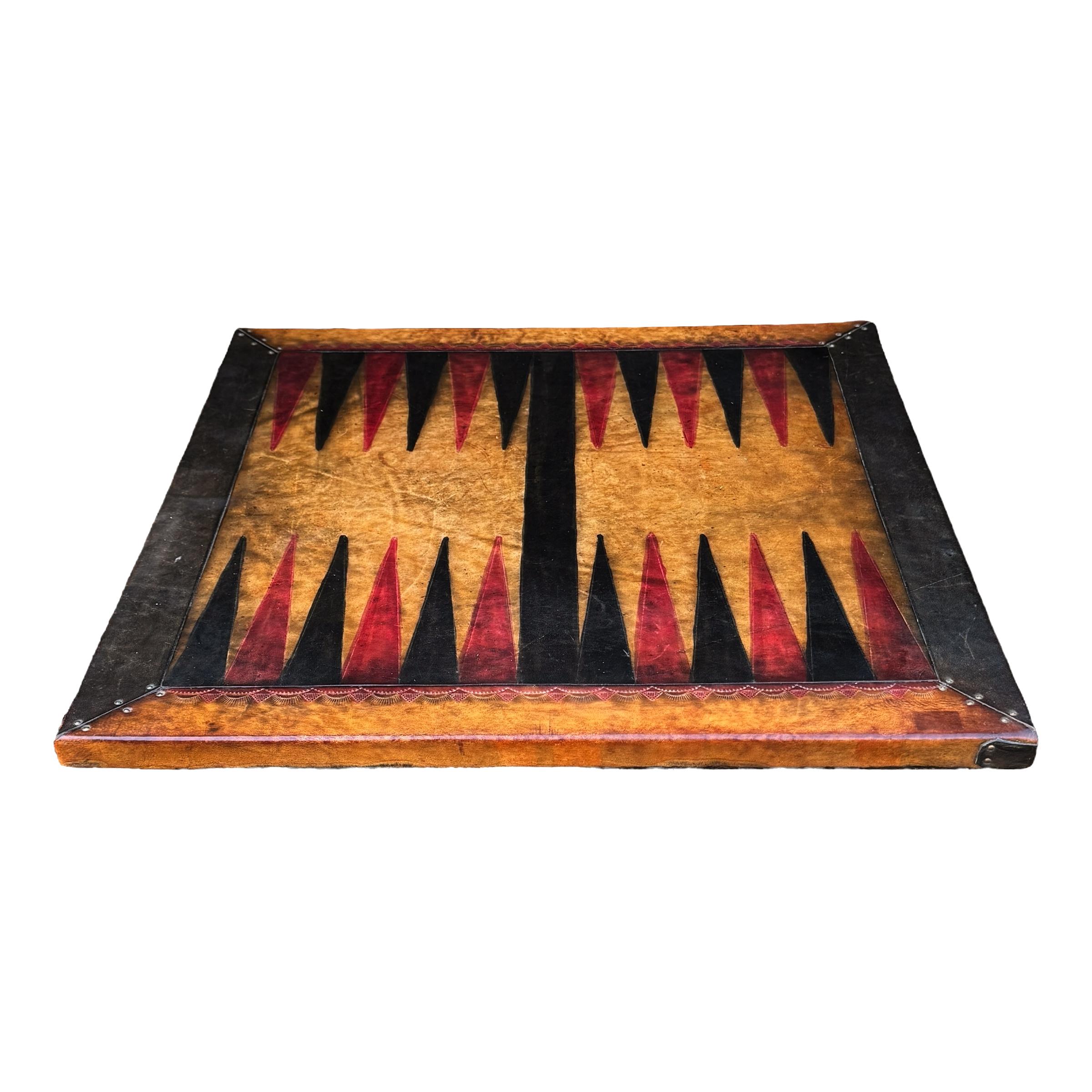 Hand-Crafted Vintage Hand-Tooled Leather Backgammon Game Board For Sale