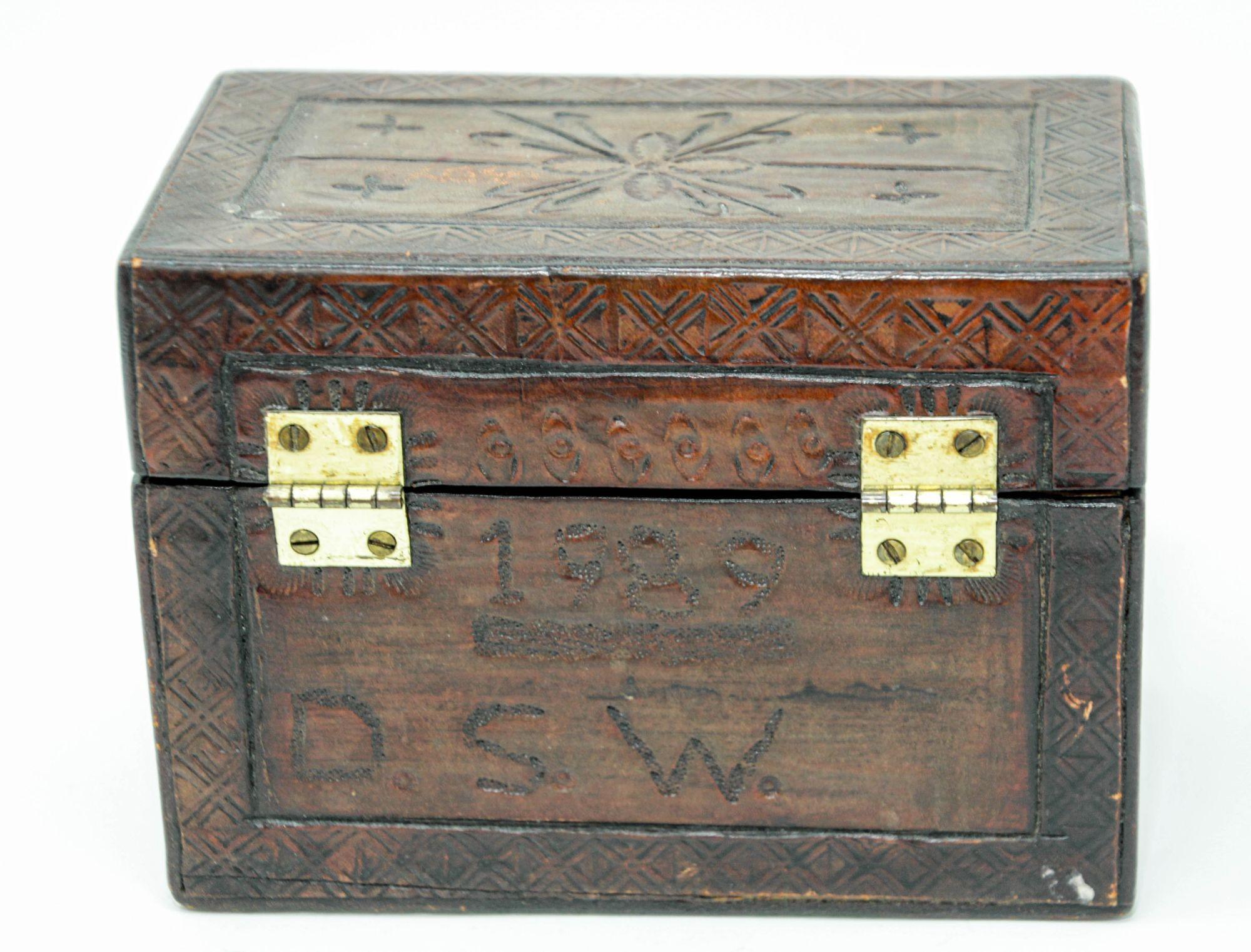 Mexican Vintage Hand Tooled Leather Covered Wooden Box For Sale