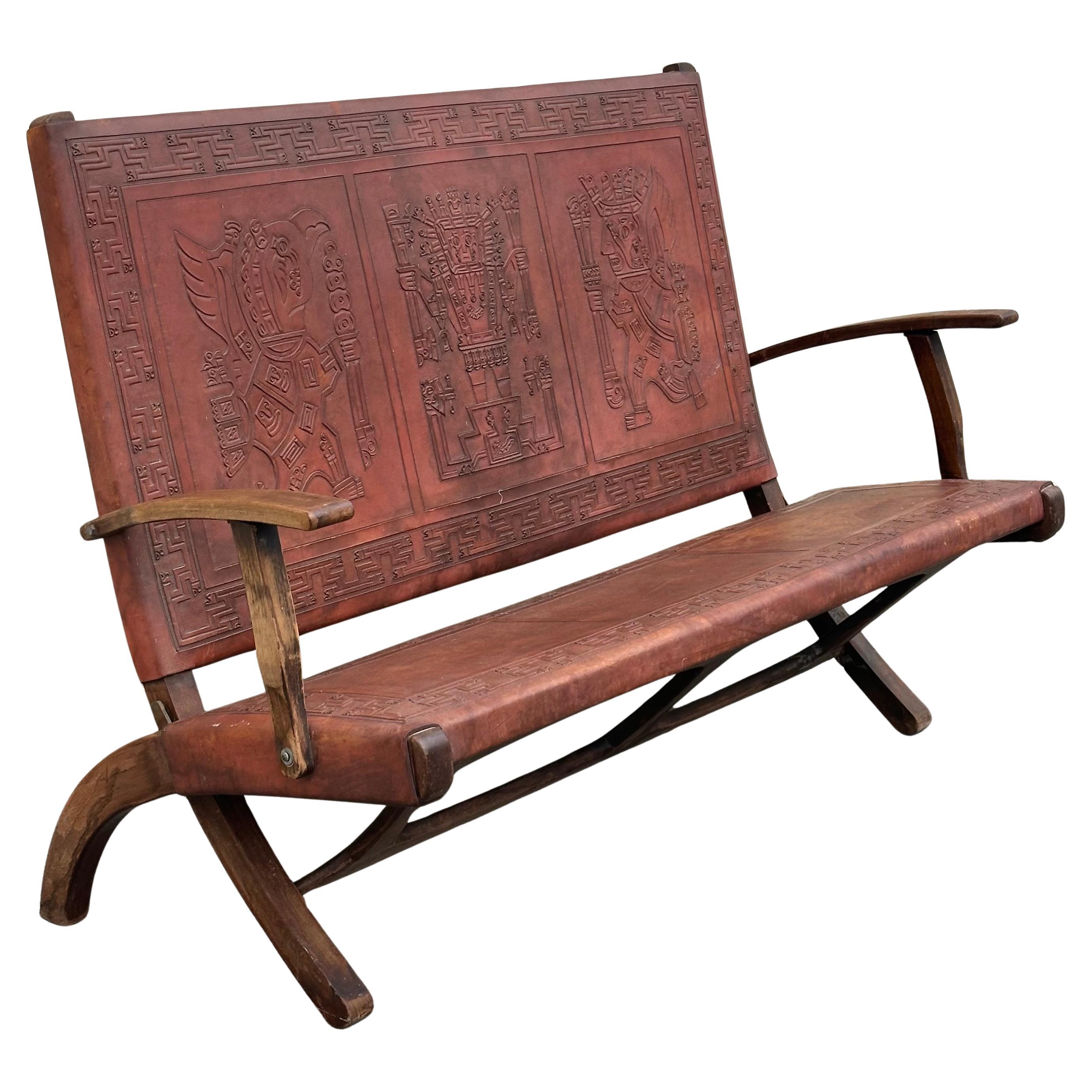 Mid-Century Modern Vintage Hand Tooled Leather Folding Bency by Angel Pazmino for Muebles De Estilo en vente