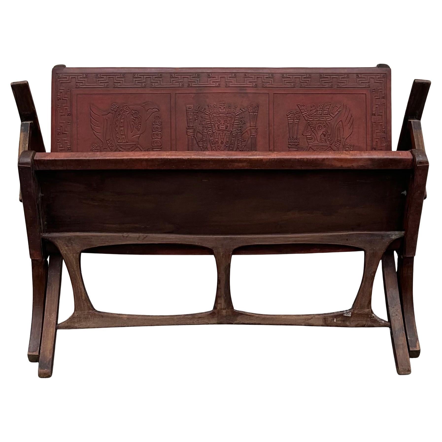 Vintage Hand Tooled Leather Folding Bency by Angel Pazmino for Muebles De Estilo en vente 1