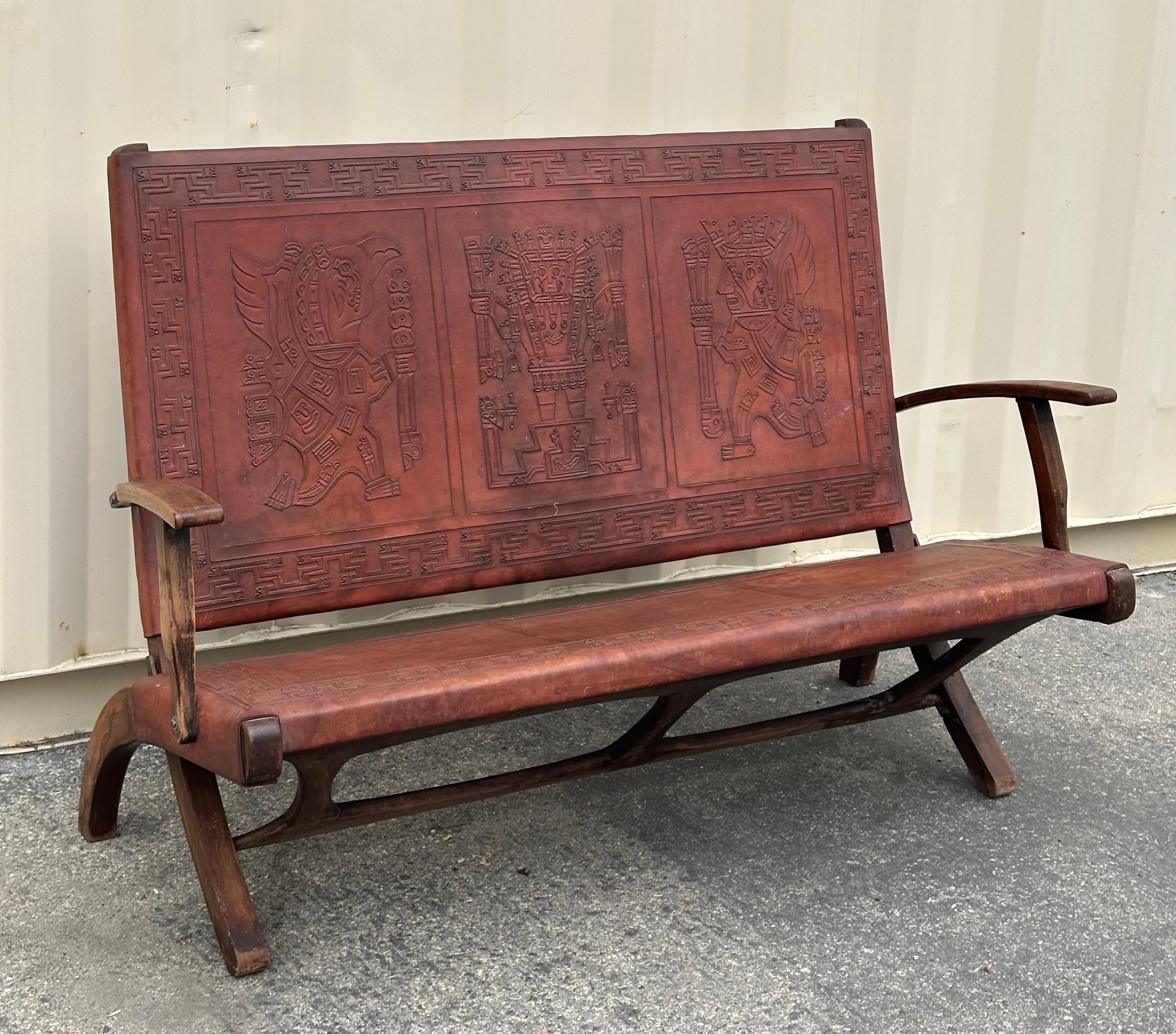 Vintage Hand Tooled Leather Folding Bency by Angel Pazmino for Muebles De Estilo en vente 2