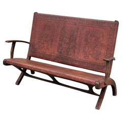 Vintage Hand Tooled Leather Folding Bency by Angel Pazmino for Muebles De Estilo