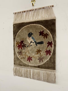 Vintage Hand-Tufted Textile Wall Hanging with Bird and Autumn Leaves Motif.