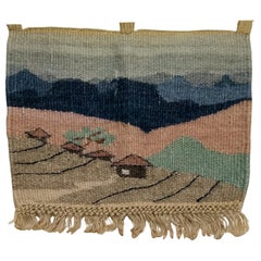 Vintage Hand Woven African Tapestry Depicting Village and Mountain Landscape