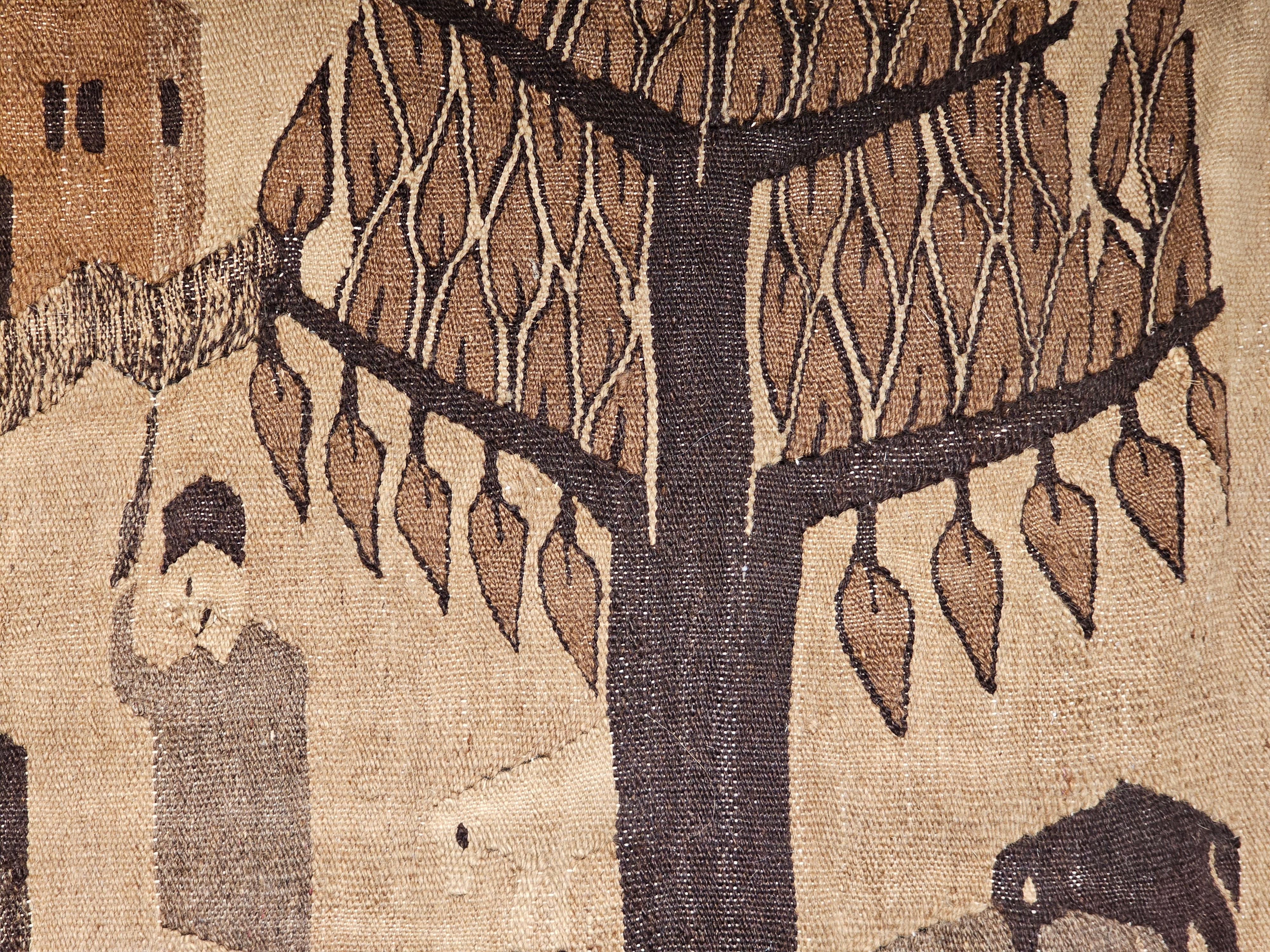 Vintage Hand Woven African Tapestry of a Farm in Natural Wool Colors in Brown  3