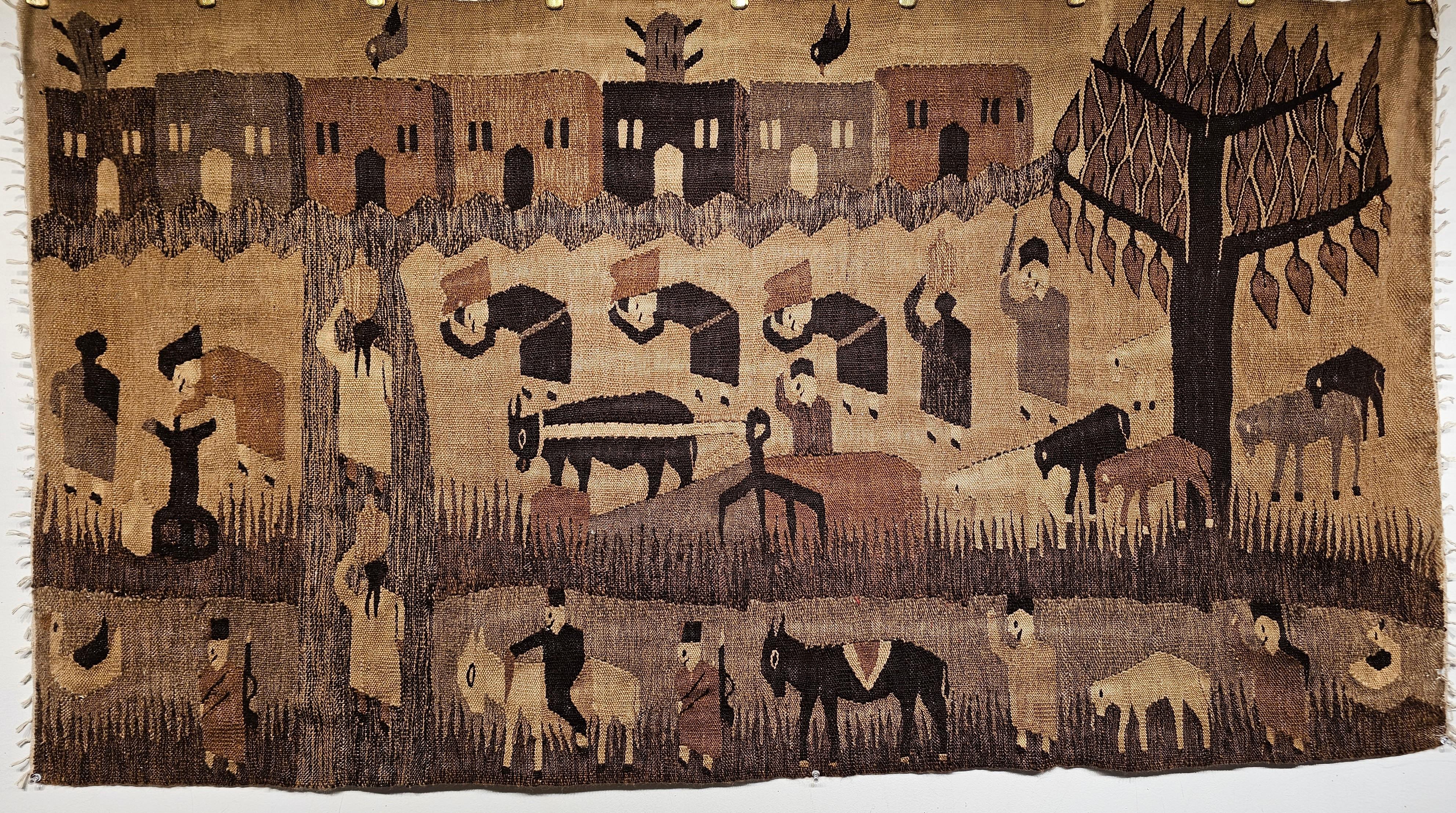 Vintage Hand Woven African Tapestry depicting various scenes of work around a farm with people and animals.  What is most striking and appealing in this “outsider” and primitive creation is the simple beauty.  It shows the different facets of daily