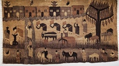 Vintage Hand Woven African Tapestry of a Farm in Natural Wool Colors in Brown