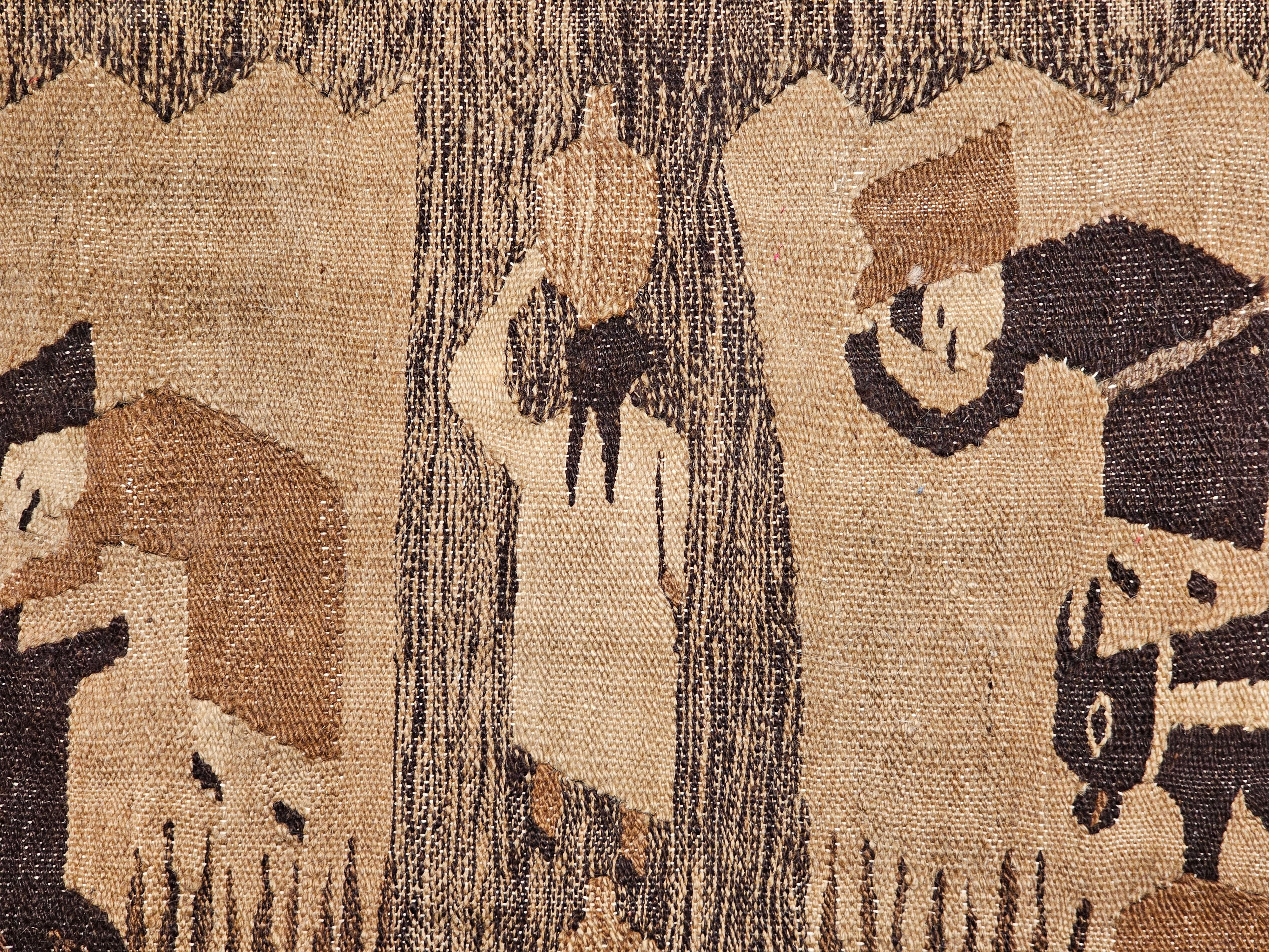 Equatorial Guinean Vintage Hand Woven African Tapestry of a Farm in Natural Wool Colors in Brown 