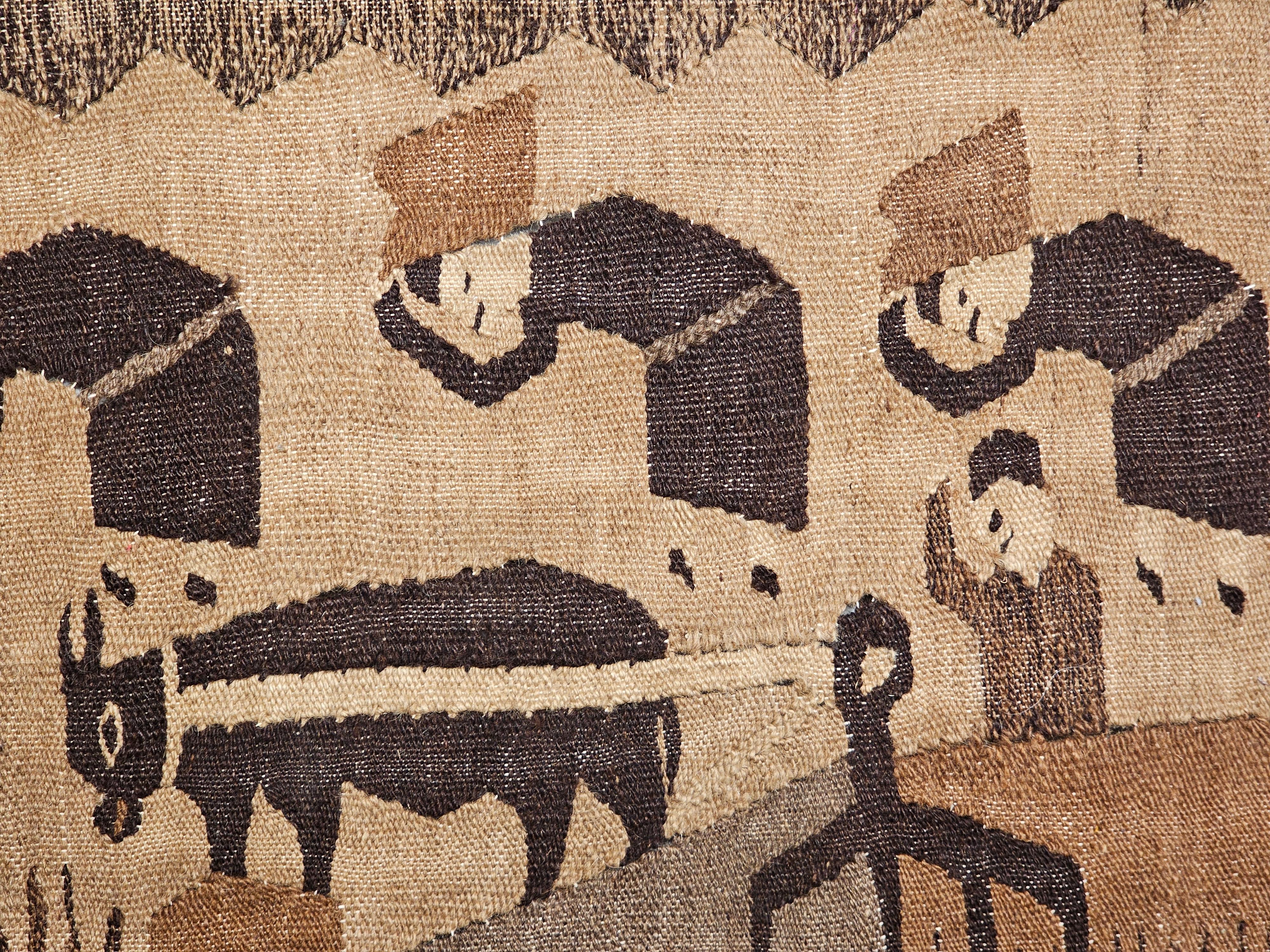 Hand-Woven Vintage Hand Woven African Tapestry of a Farm in Natural Wool Colors in Brown 