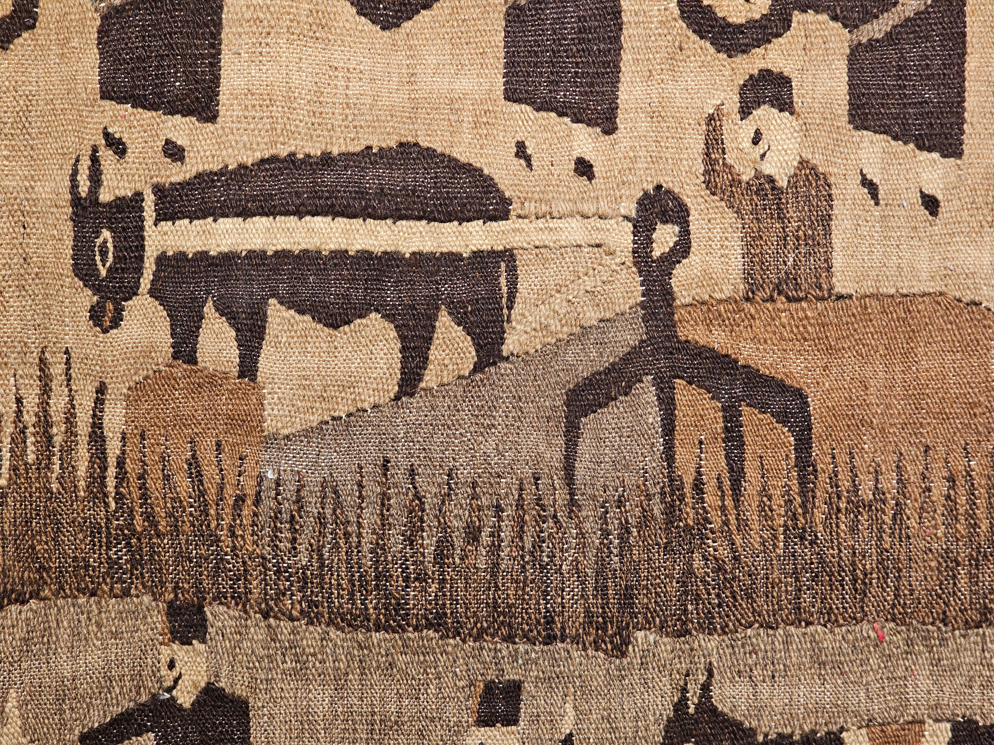 Vintage Hand Woven African Tapestry of a Farm in Natural Wool Colors in Brown  In Good Condition In Barrington, IL