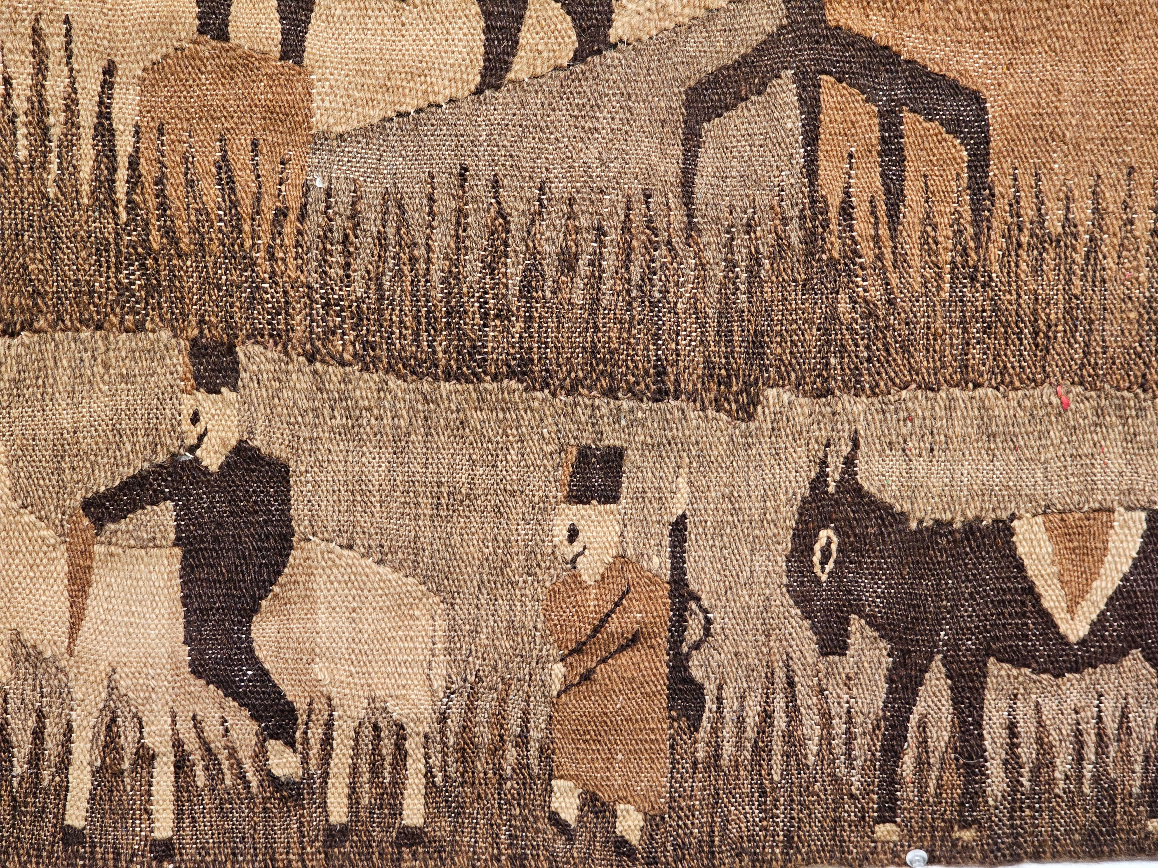 20th Century Vintage Hand Woven African Tapestry of a Farm in Natural Wool Colors in Brown 