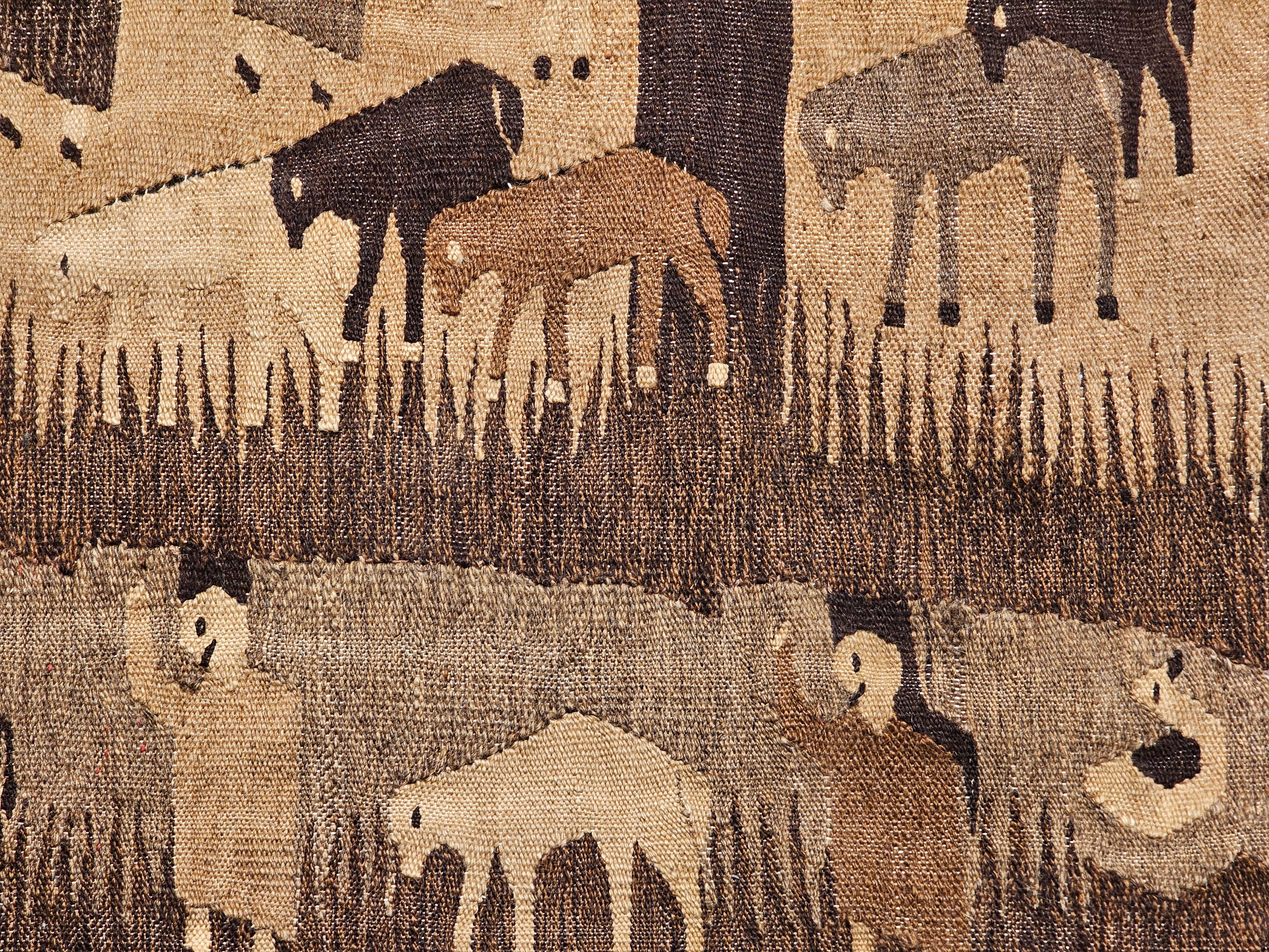 Vintage Hand Woven African Tapestry of a Farm in Natural Wool Colors in Brown  1