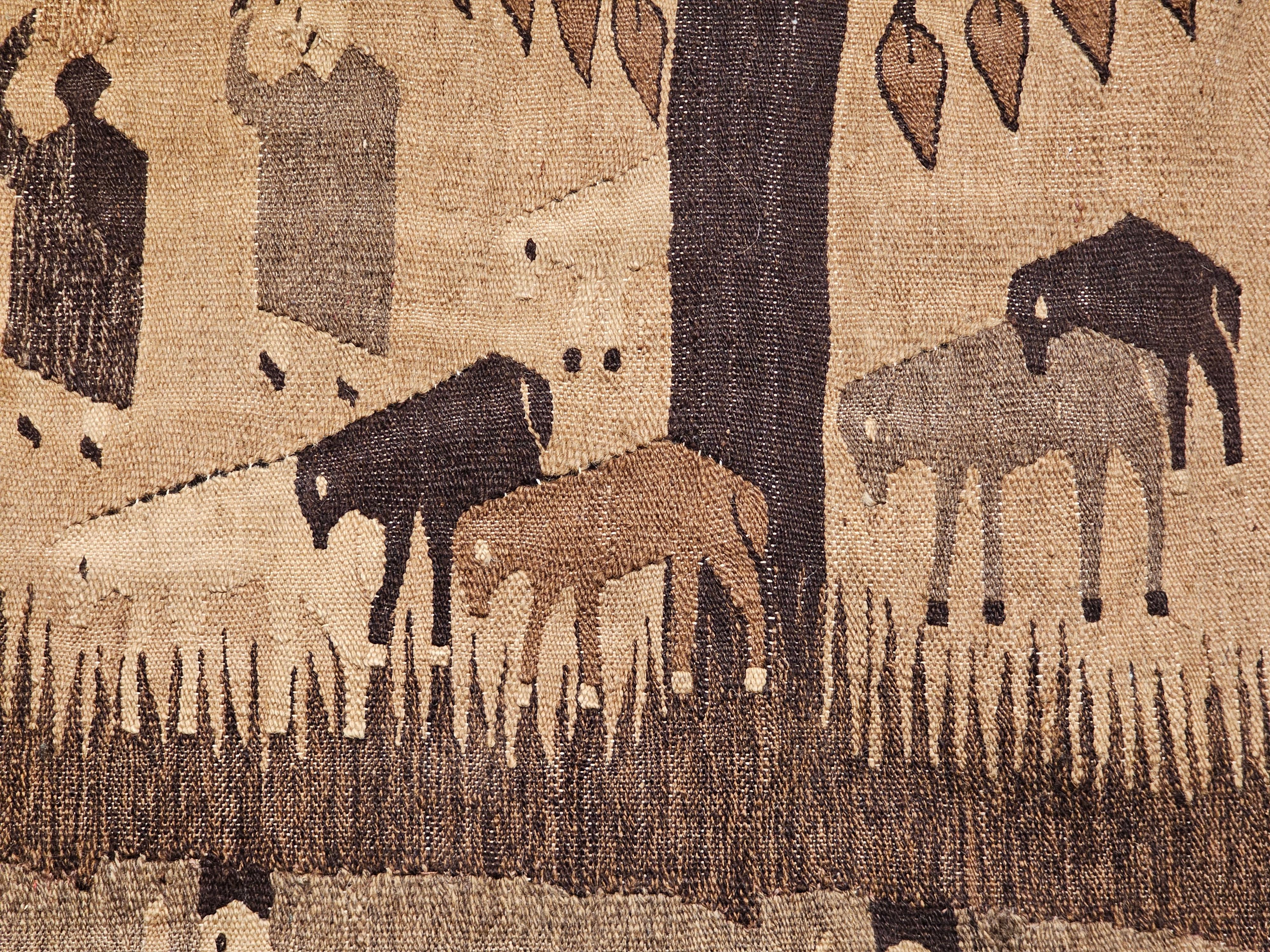 Vintage Hand Woven African Tapestry of a Farm in Natural Wool Colors in Brown  2