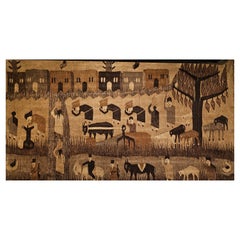 Vintage Hand Woven African Tapestry of a Farm in Natural Wool Colors in Brown