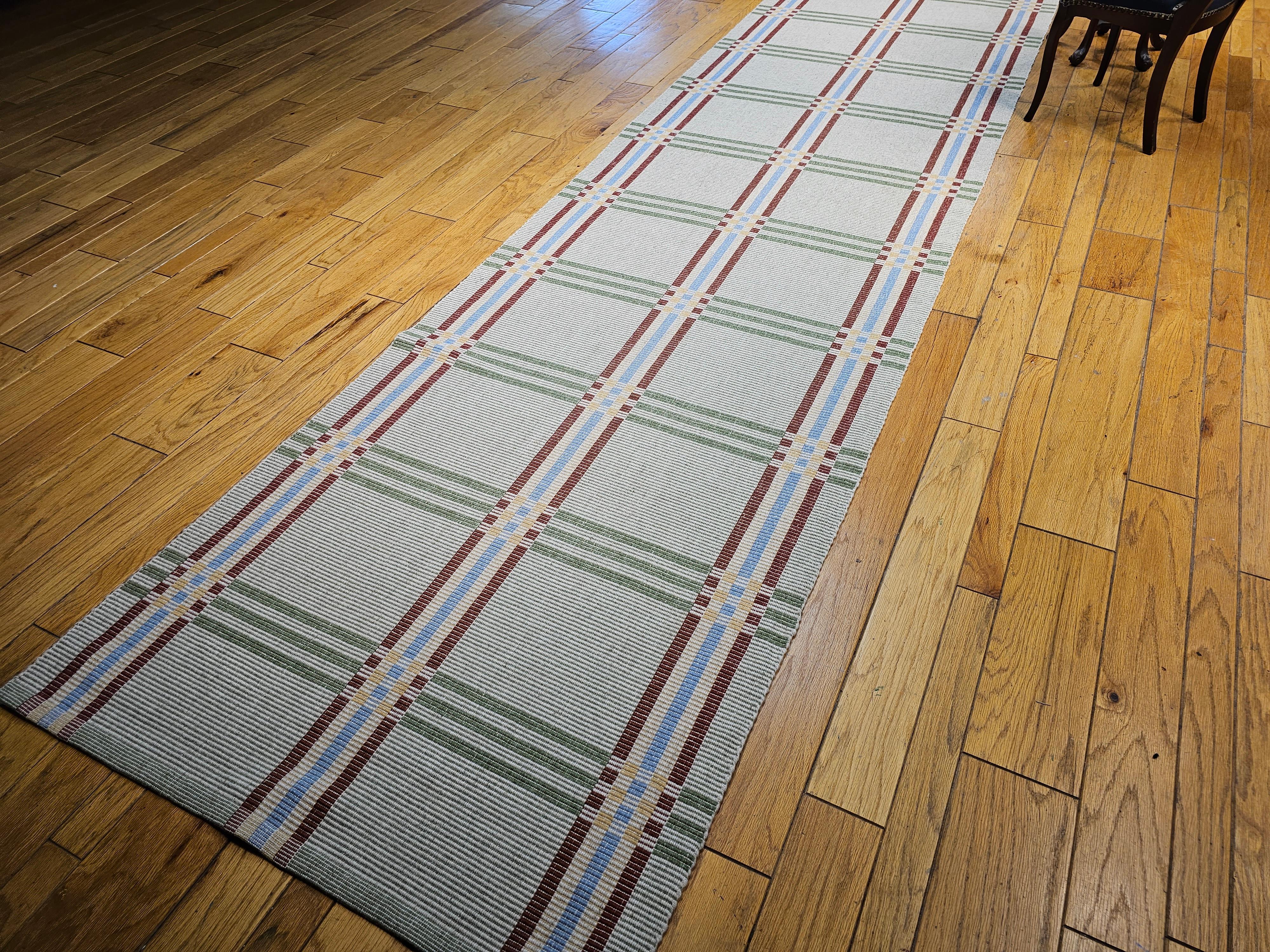 Vintage Flat-Woven American Wide Runner in Baby Blue, Red, Green, Yellow, Wheat For Sale 4