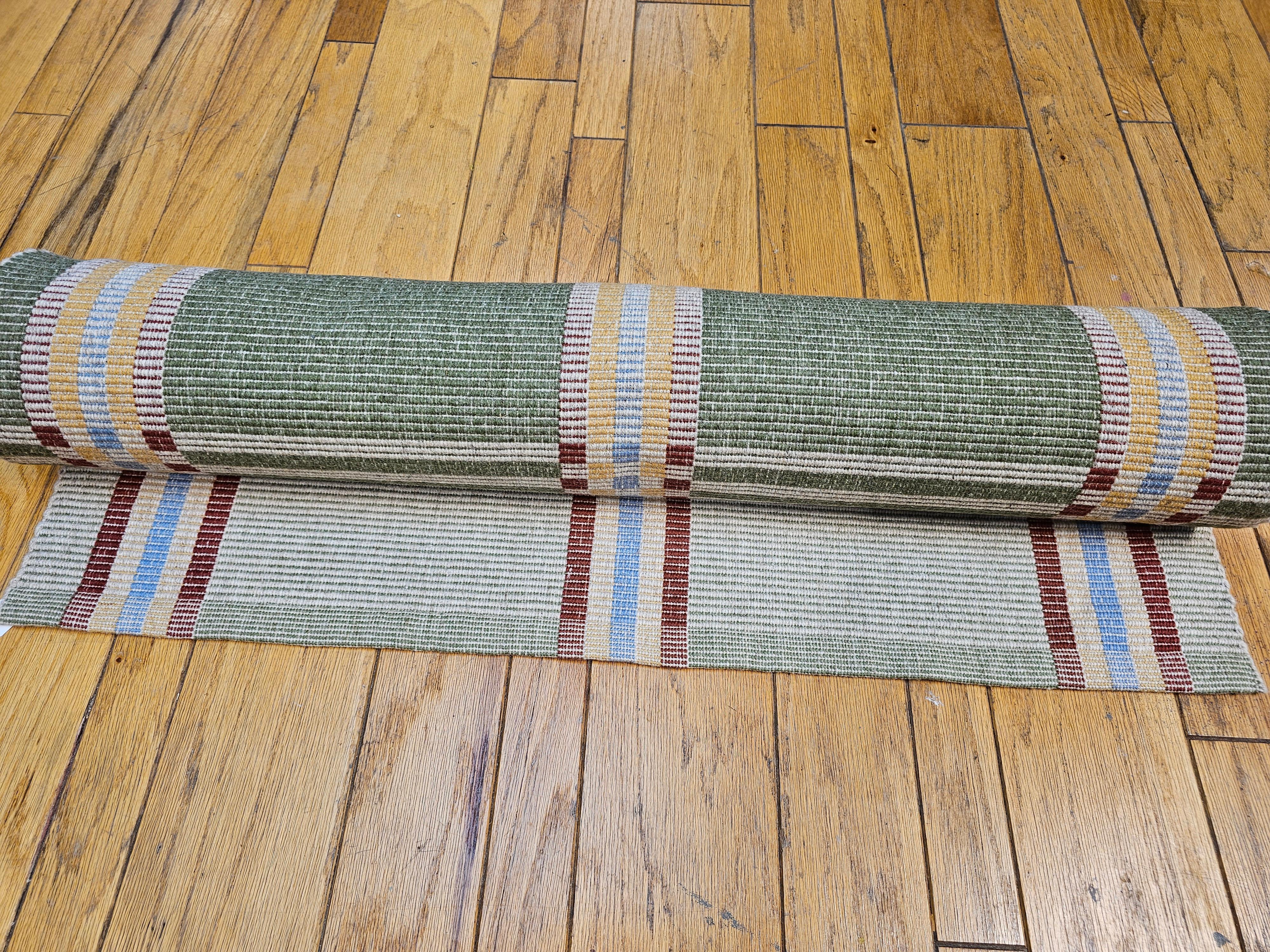 Vintage Flat-Woven American Wide Runner in Baby Blue, Red, Green, Yellow, Wheat For Sale 8