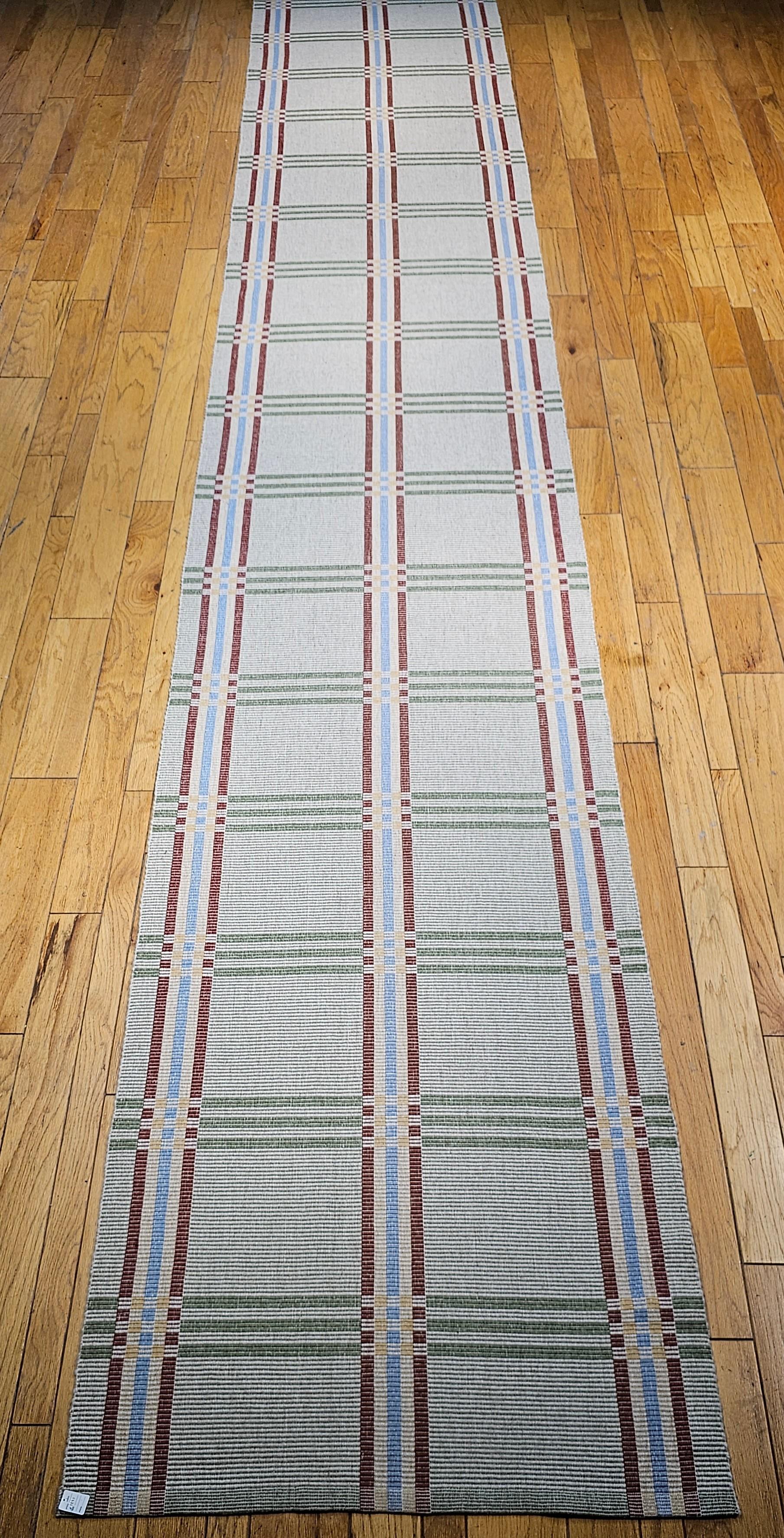 Hand-Crafted Vintage Flat-Woven American Wide Runner in Baby Blue, Red, Green, Yellow, Wheat For Sale