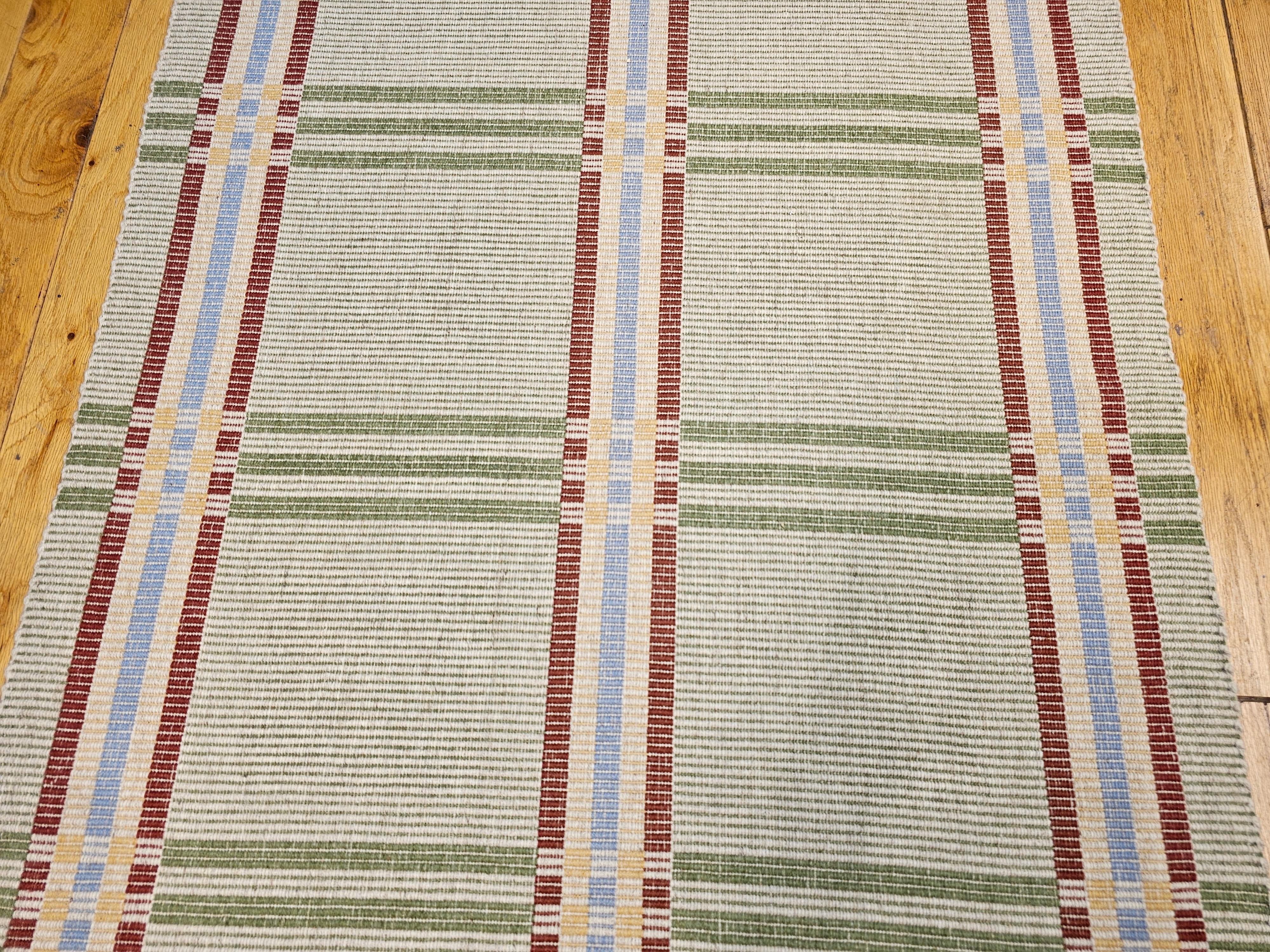 Wool Vintage Flat-Woven American Wide Runner in Baby Blue, Red, Green, Yellow, Wheat For Sale