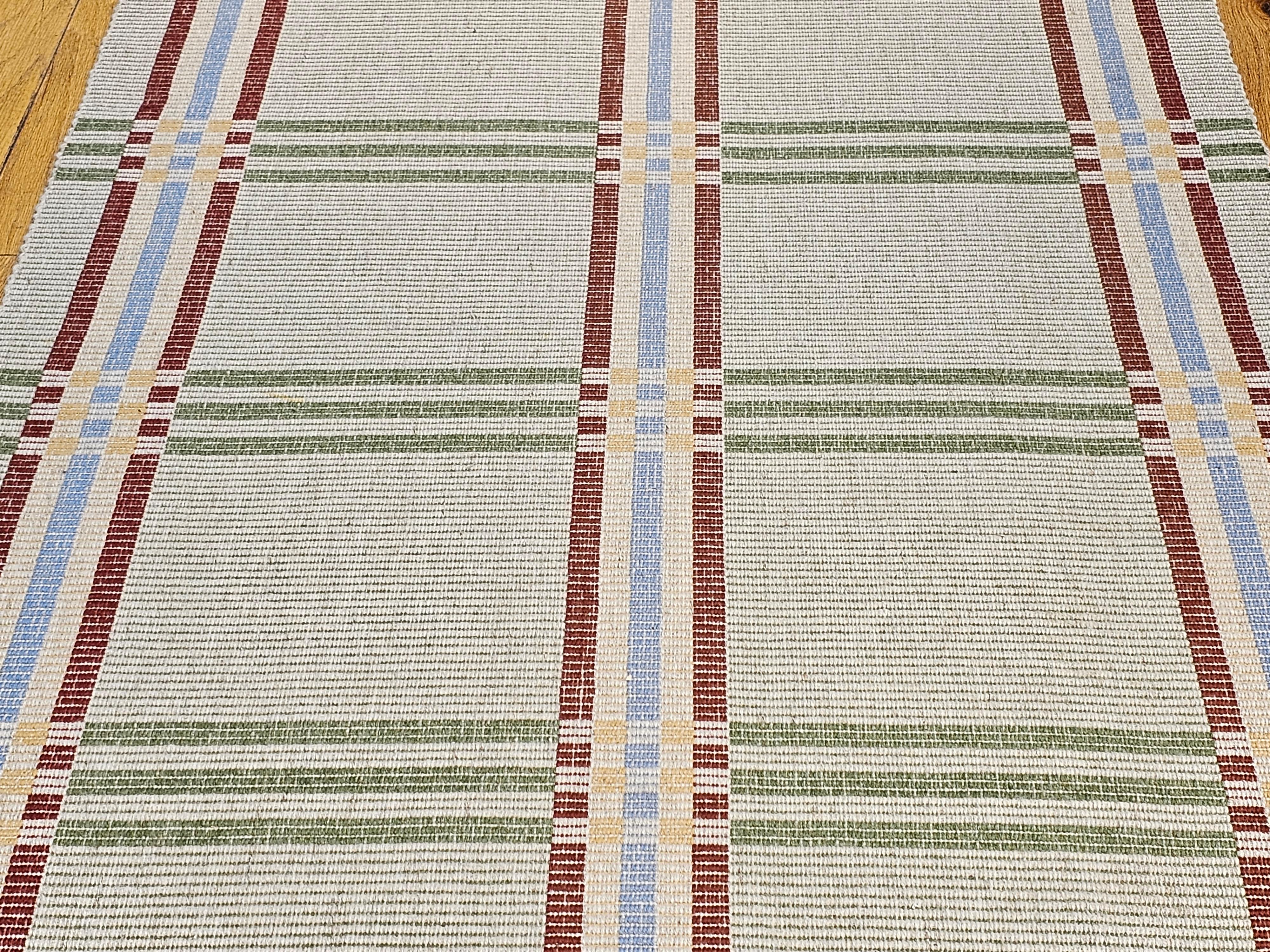 Vintage Flat-Woven American Wide Runner in Baby Blue, Red, Green, Yellow, Wheat For Sale 1