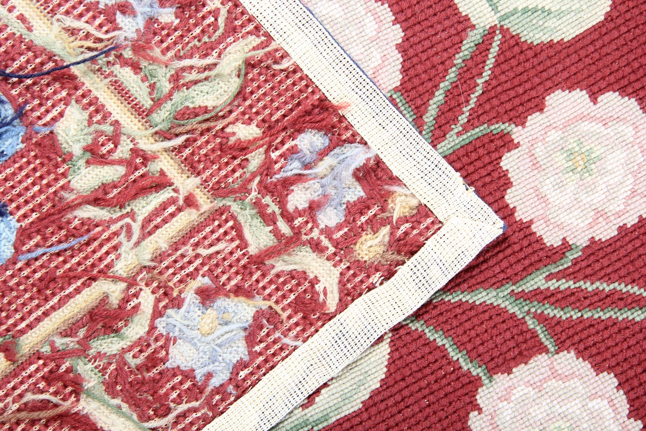 Needlework Vintage Handwoven Aubusson Style Area Rug Traditional Red Floral Rug For Sale