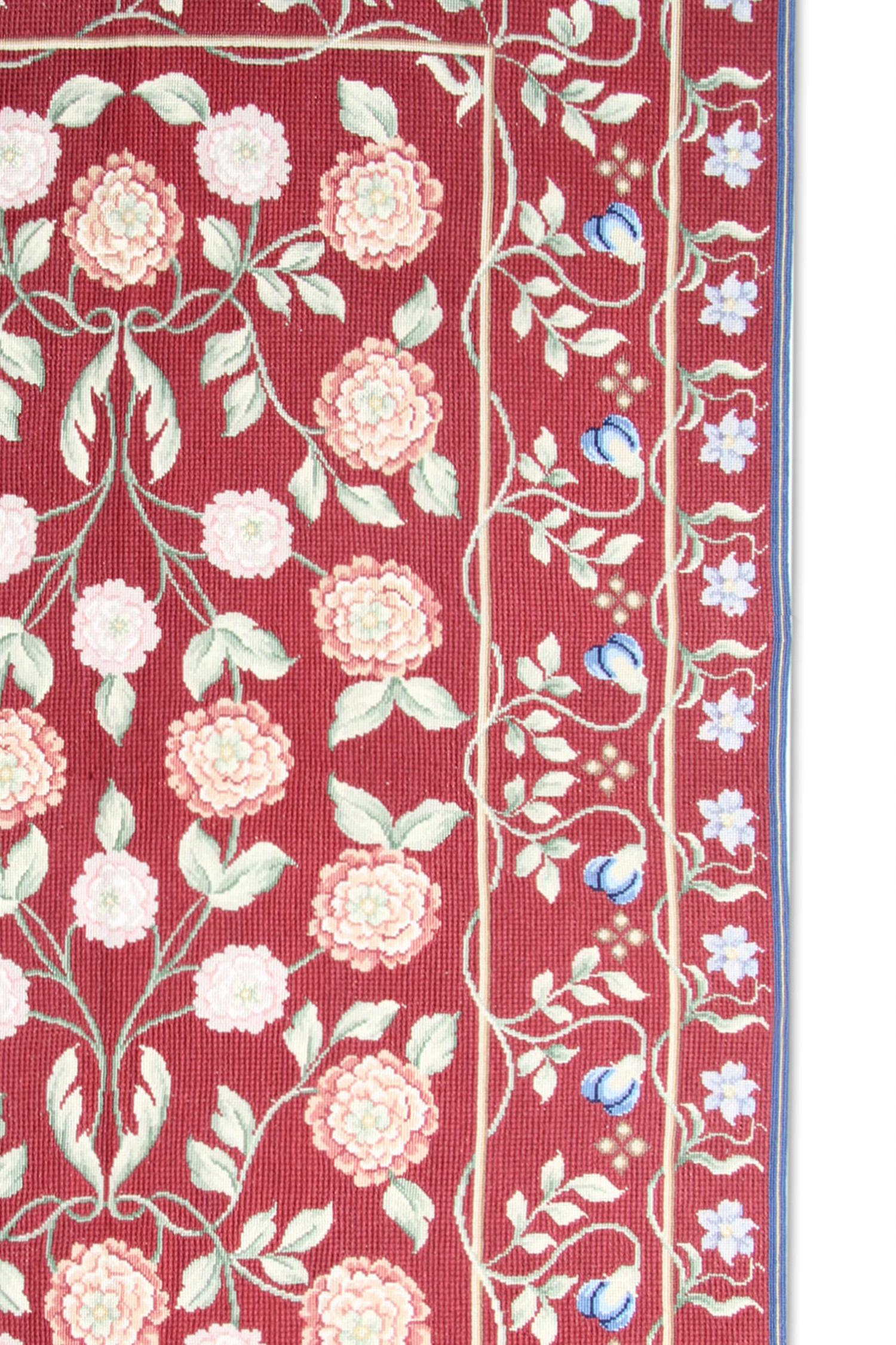 Vintage Handwoven Aubusson Style Area Rug Traditional Red Floral Rug In Excellent Condition For Sale In Hampshire, GB