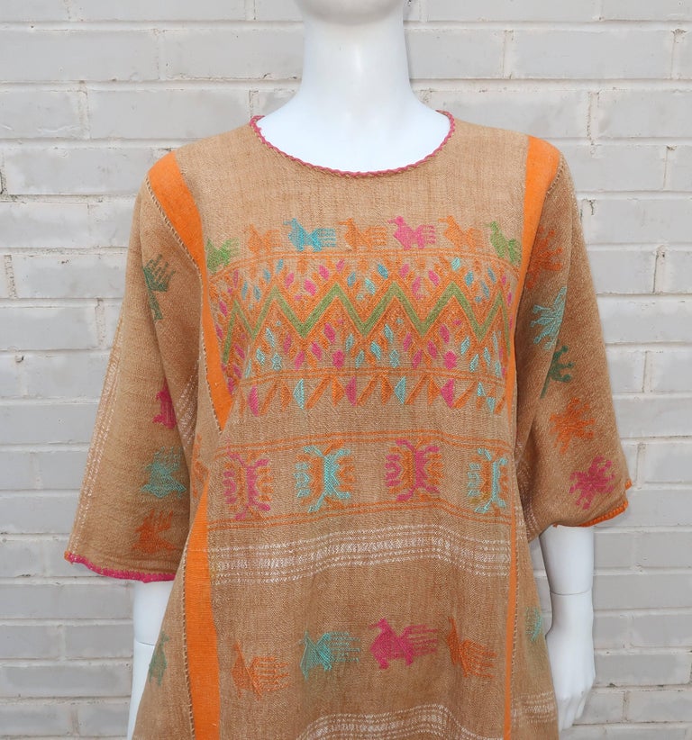 Vintage Hand Woven Caftan Tunic With Animal Motif For Sale at 1stdibs