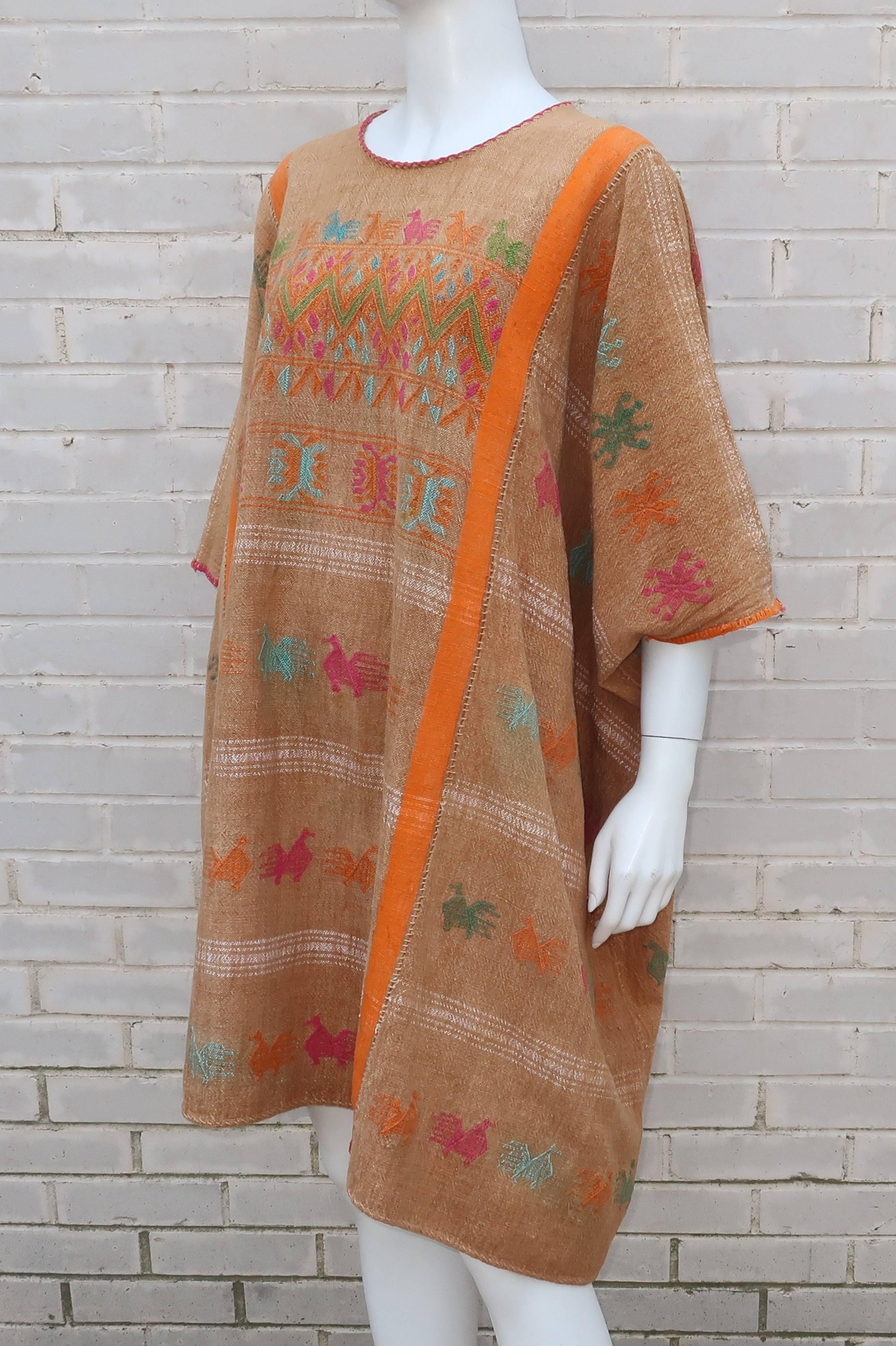 Women's Vintage Hand Woven Caftan Tunic With Animal Motif