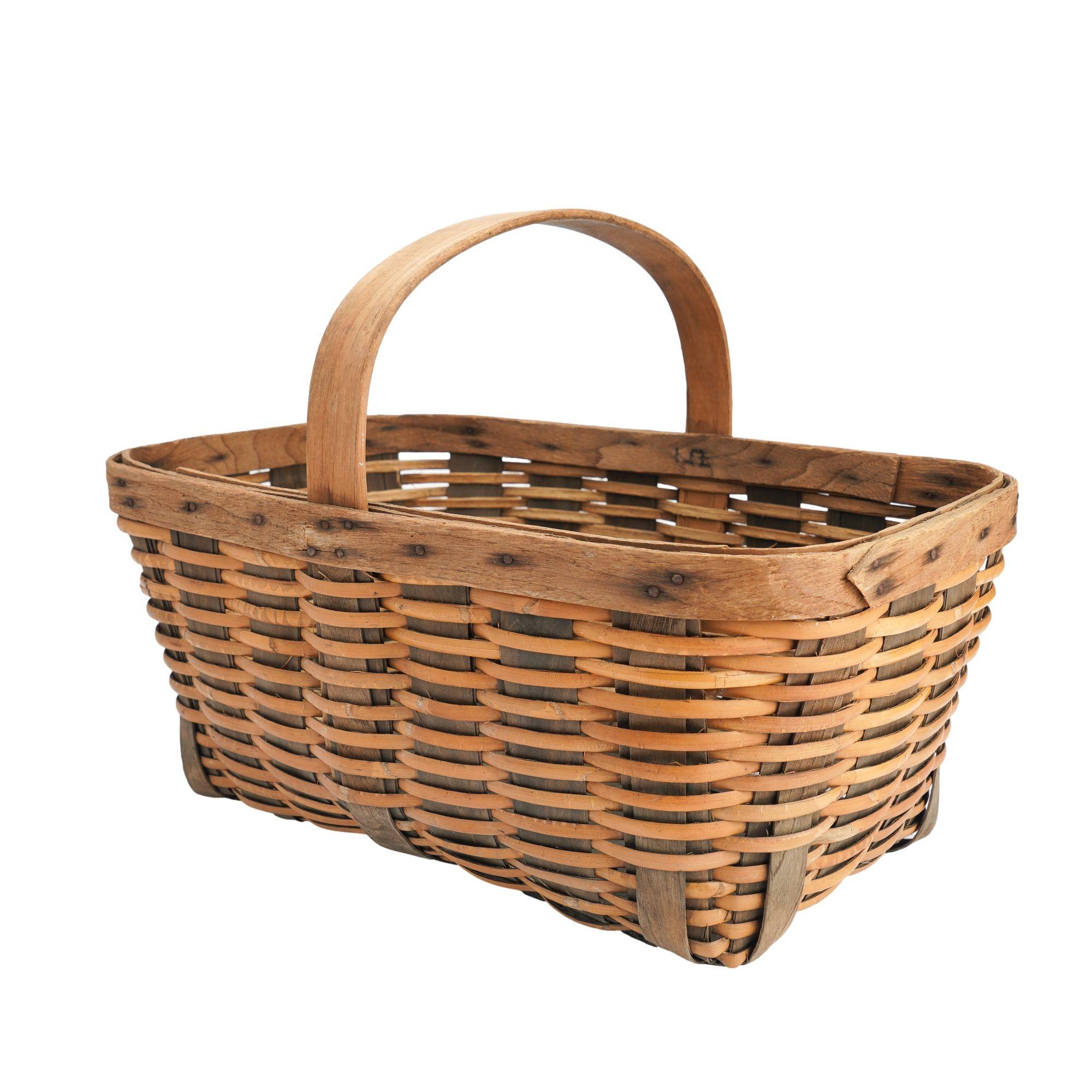 Wood Vintage hand woven fixed handle basket, 1900's For Sale