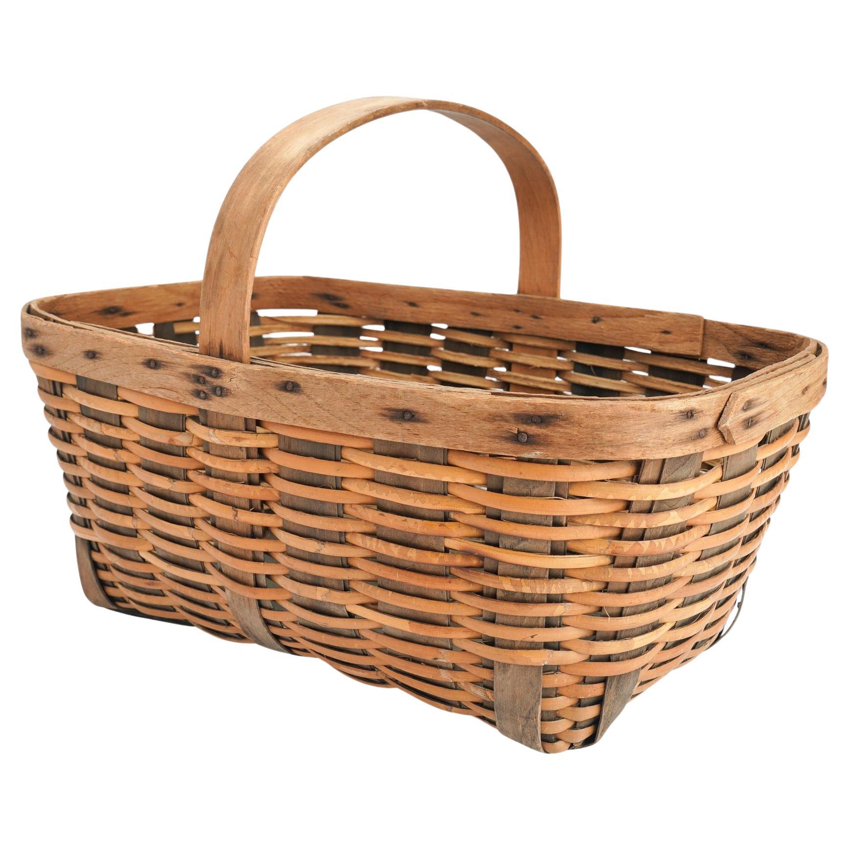 Vintage hand woven fixed handle basket, 1900's