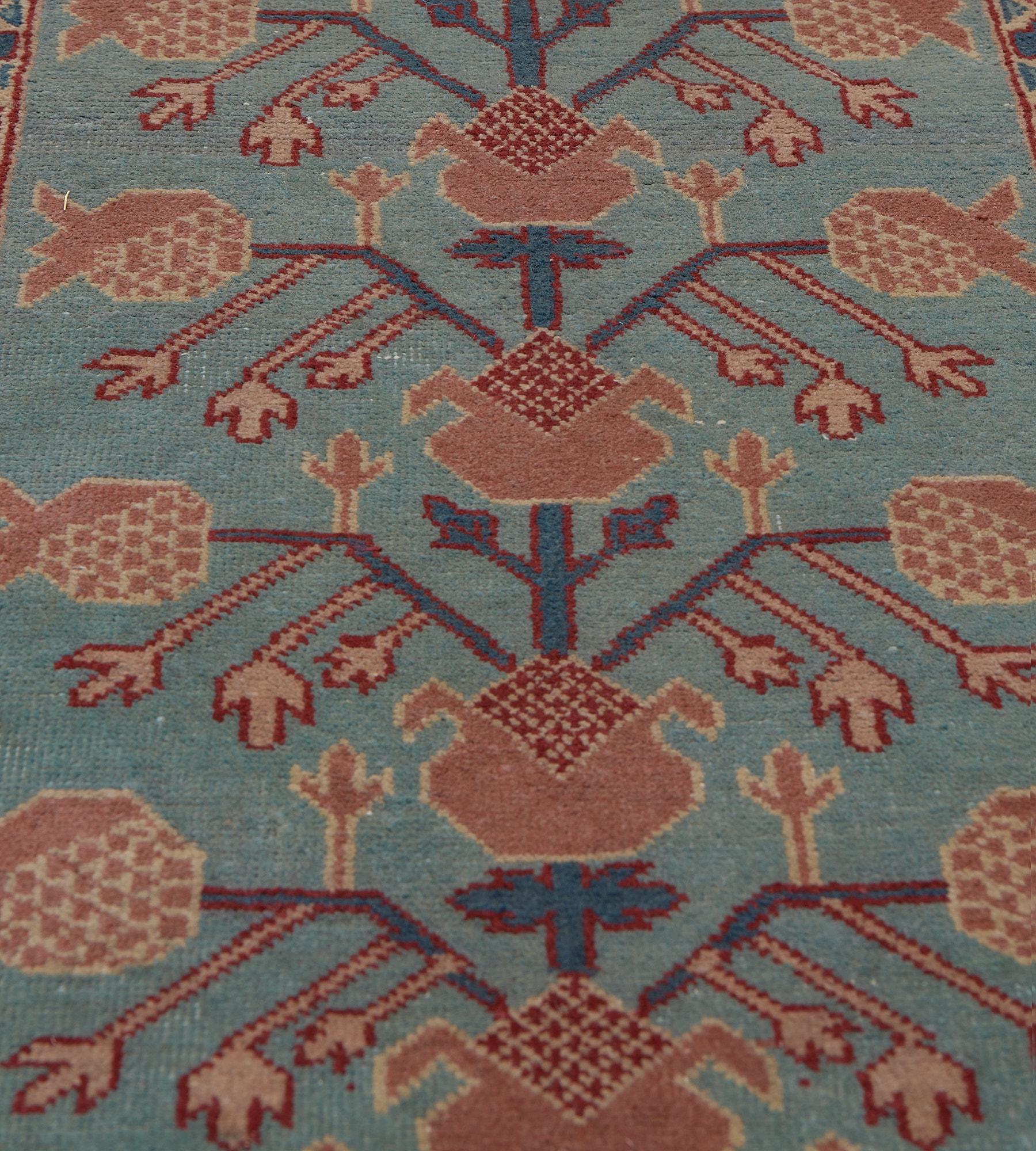 East Turkestani Vintage Hand-Woven Floral Pomegranate Pink and Blue Long Khotan Runner For Sale