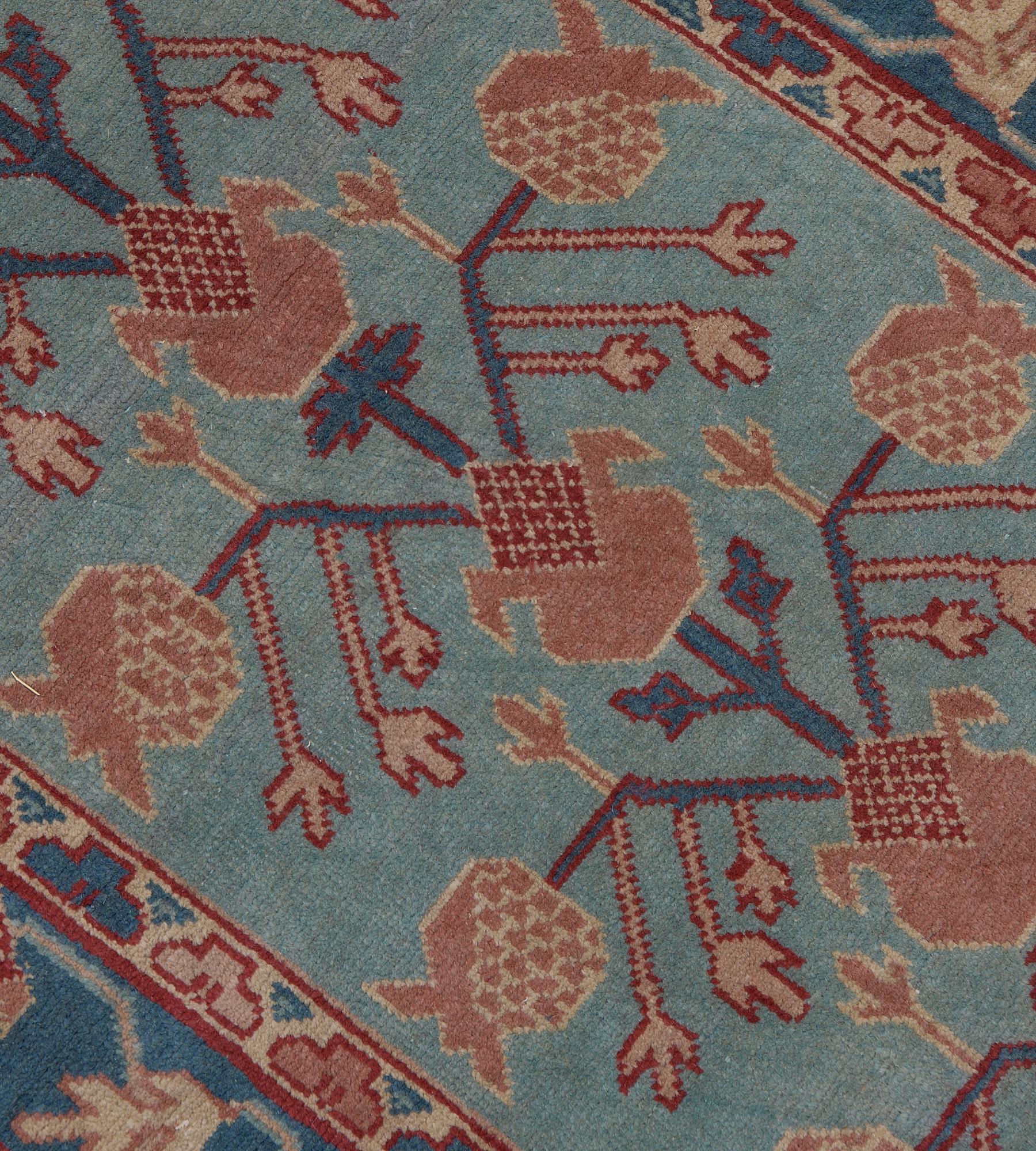 20th Century Vintage Hand-Woven Floral Pomegranate Pink and Blue Long Khotan Runner For Sale