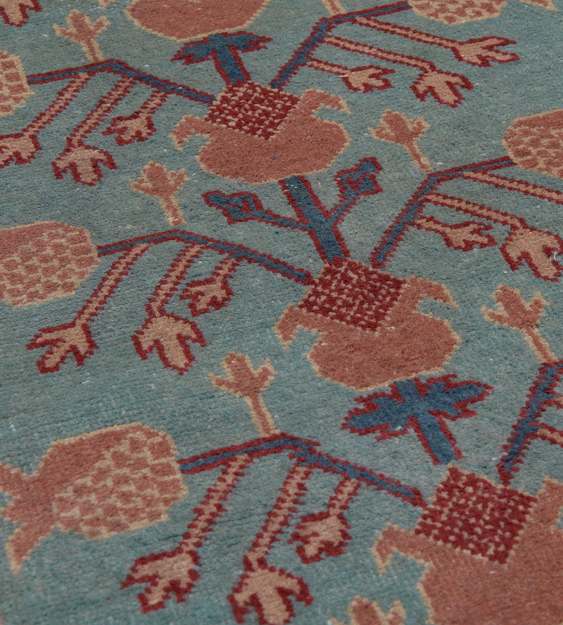 Vintage Hand-Woven Floral Pomegranate Pink and Blue Long Khotan Runner For Sale 1
