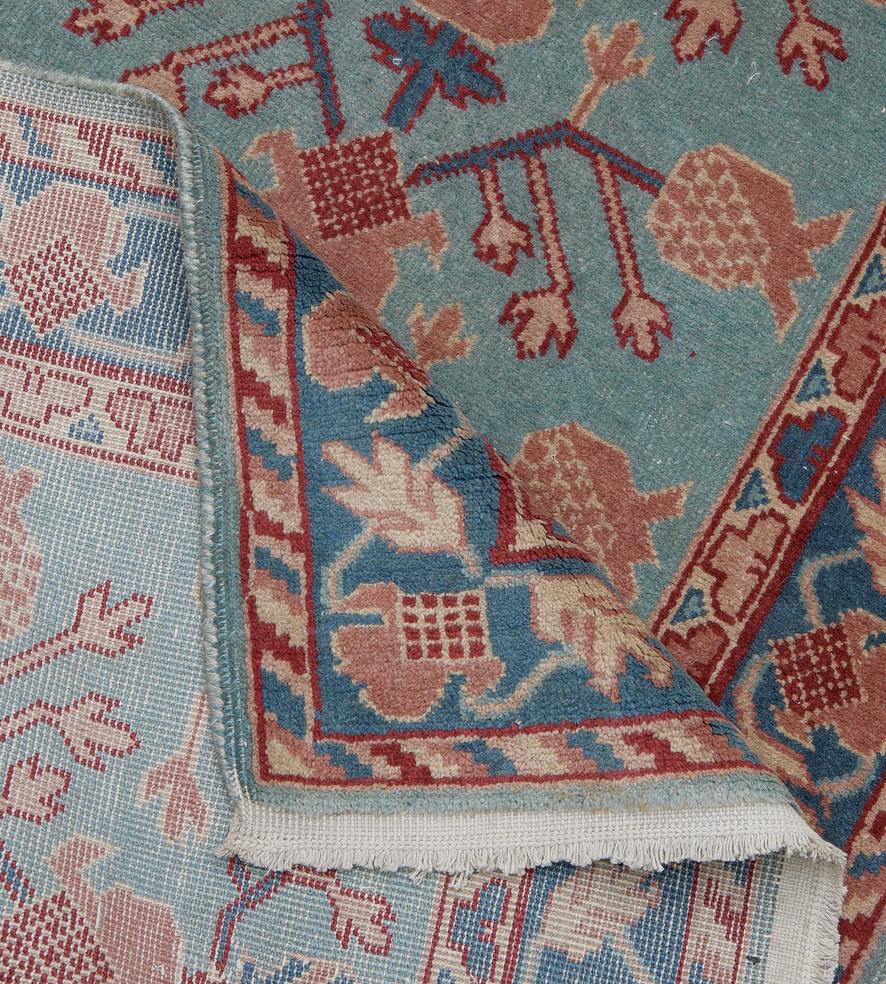 Vintage Hand-Woven Floral Pomegranate Pink and Blue Long Khotan Runner For Sale 2