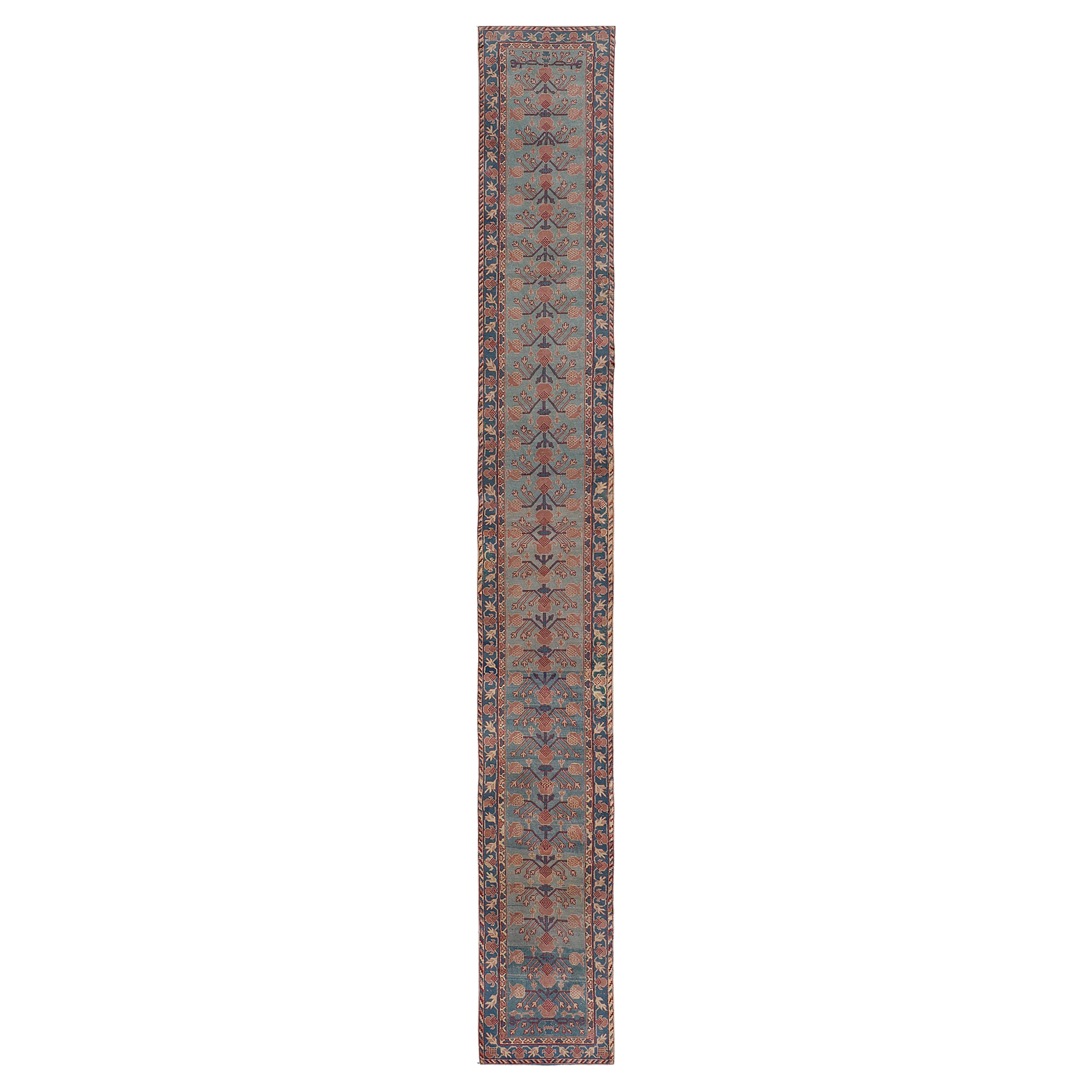Vintage Hand-Woven Floral Pomegranate Pink and Blue Long Khotan Runner For Sale