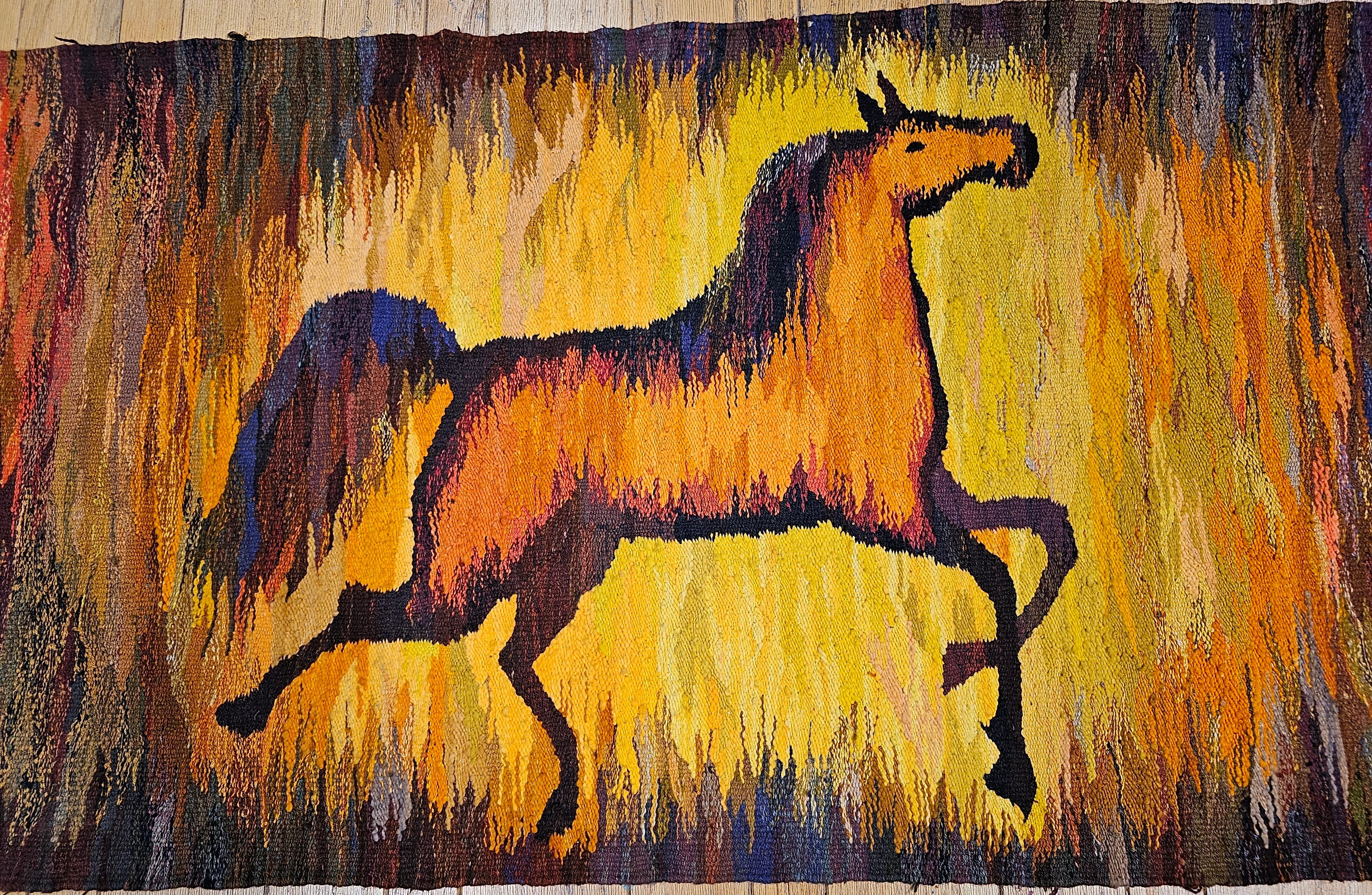 Vintage Hand Woven Folkloric Horse Tapestry in Yellow, Lavender, Red, Orange For Sale 4