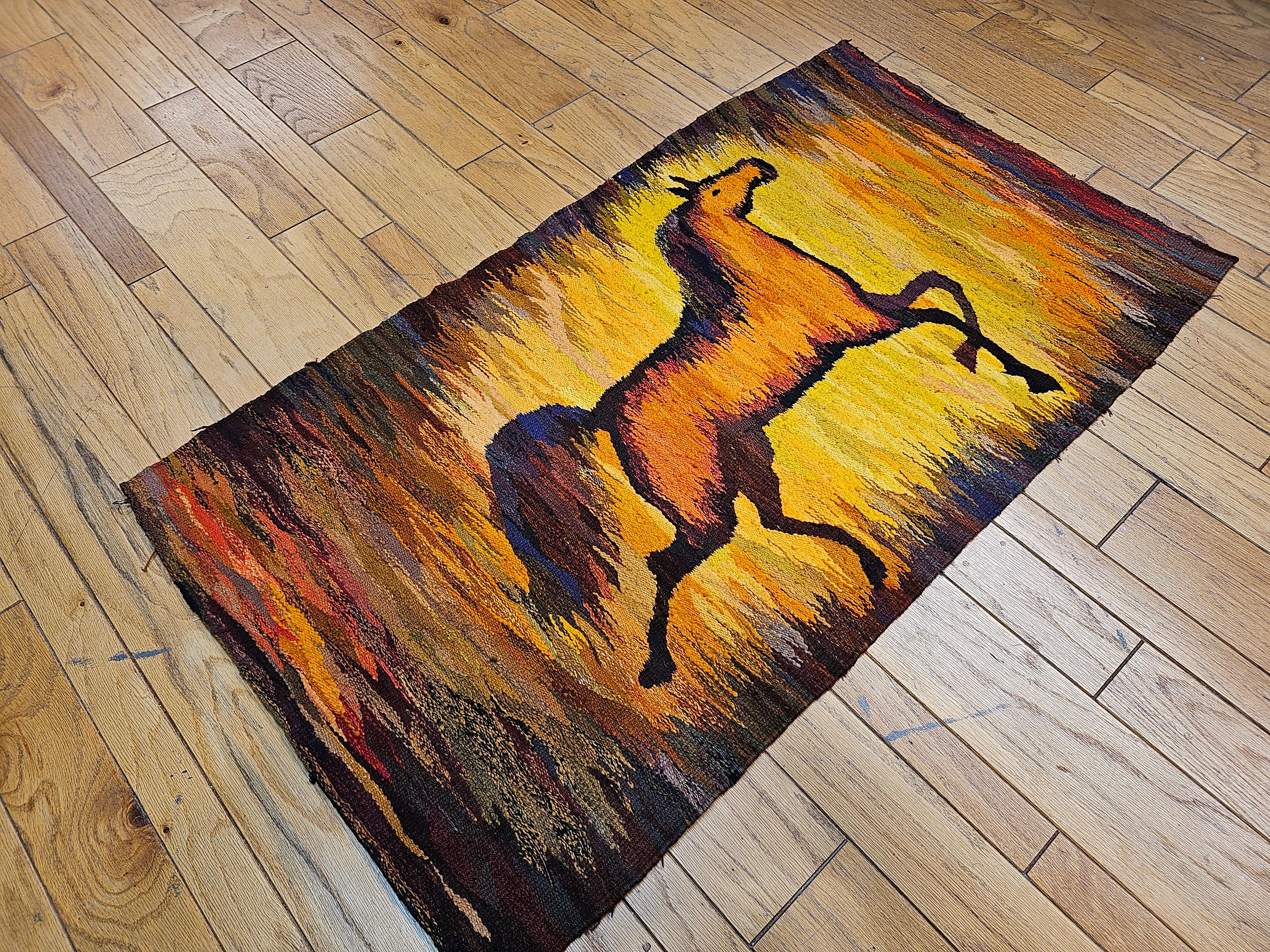 Vintage Hand Woven Folkloric Horse Tapestry in Yellow, Lavender, Red, Orange For Sale 8