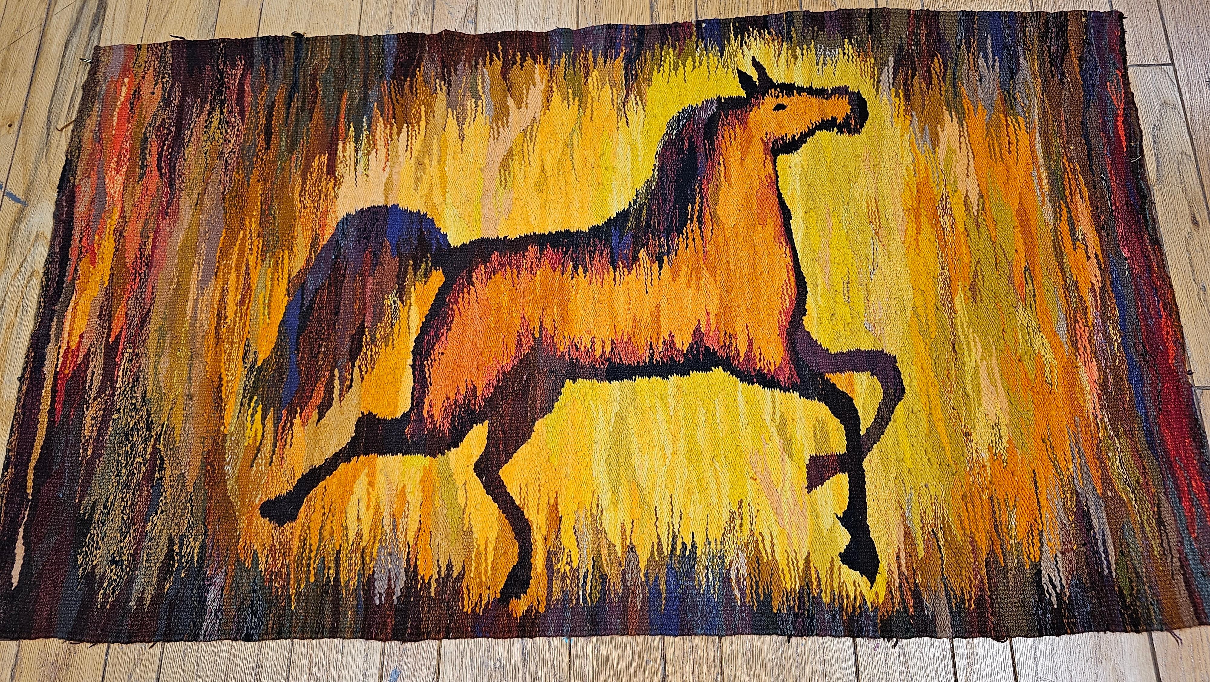 Vintage Hand Woven Folkloric Horse Tapestry in Yellow, Lavender, Red, Orange For Sale 2