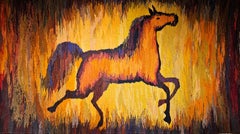 Vintage Hand gewebt folkloristischen Pferd Wandteppich in Gelb, Lavendel, Rot, Orange