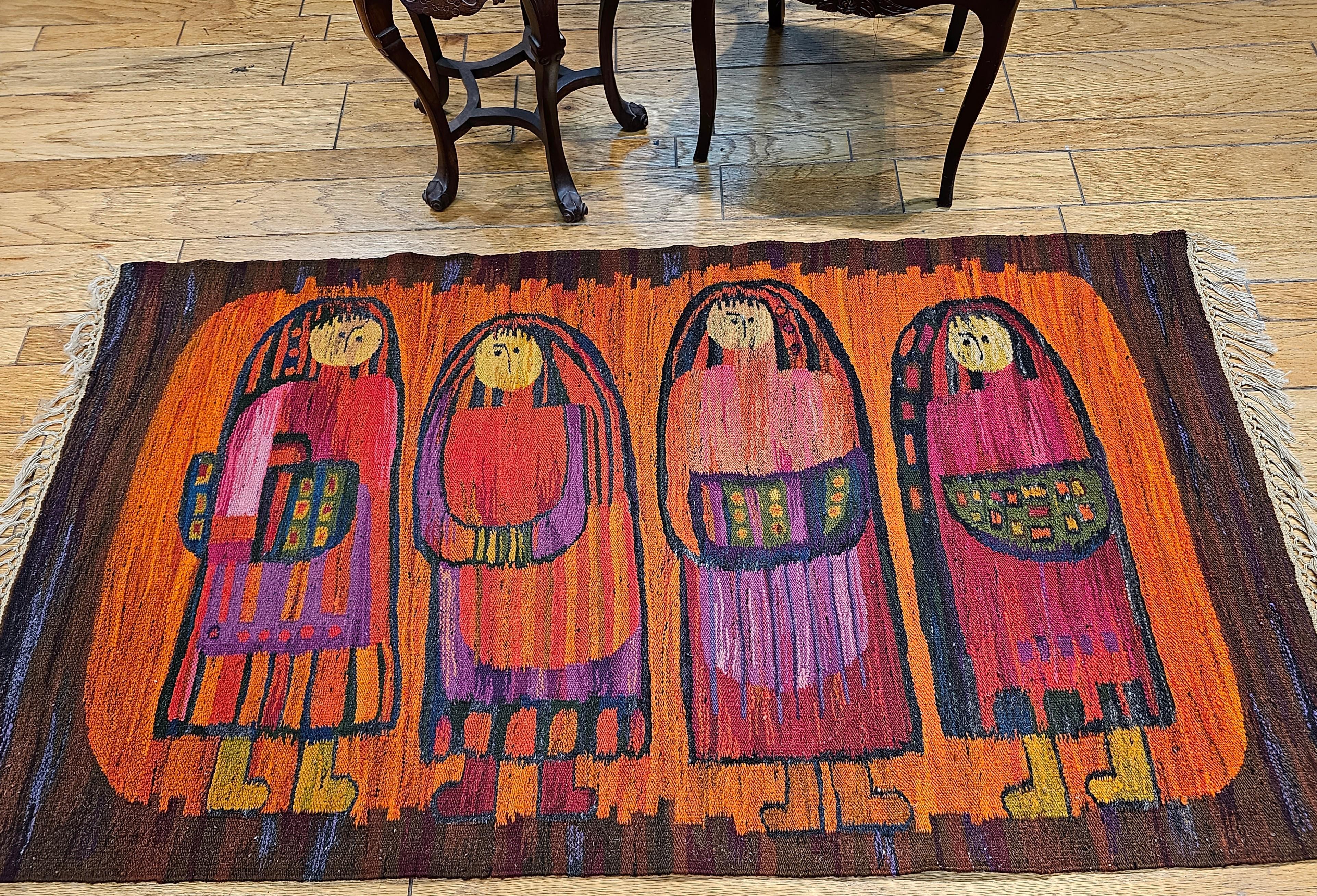 Vintage Hand Woven Folkloric Tapestry in Crimson, Yellow, Lavender, Green For Sale 3