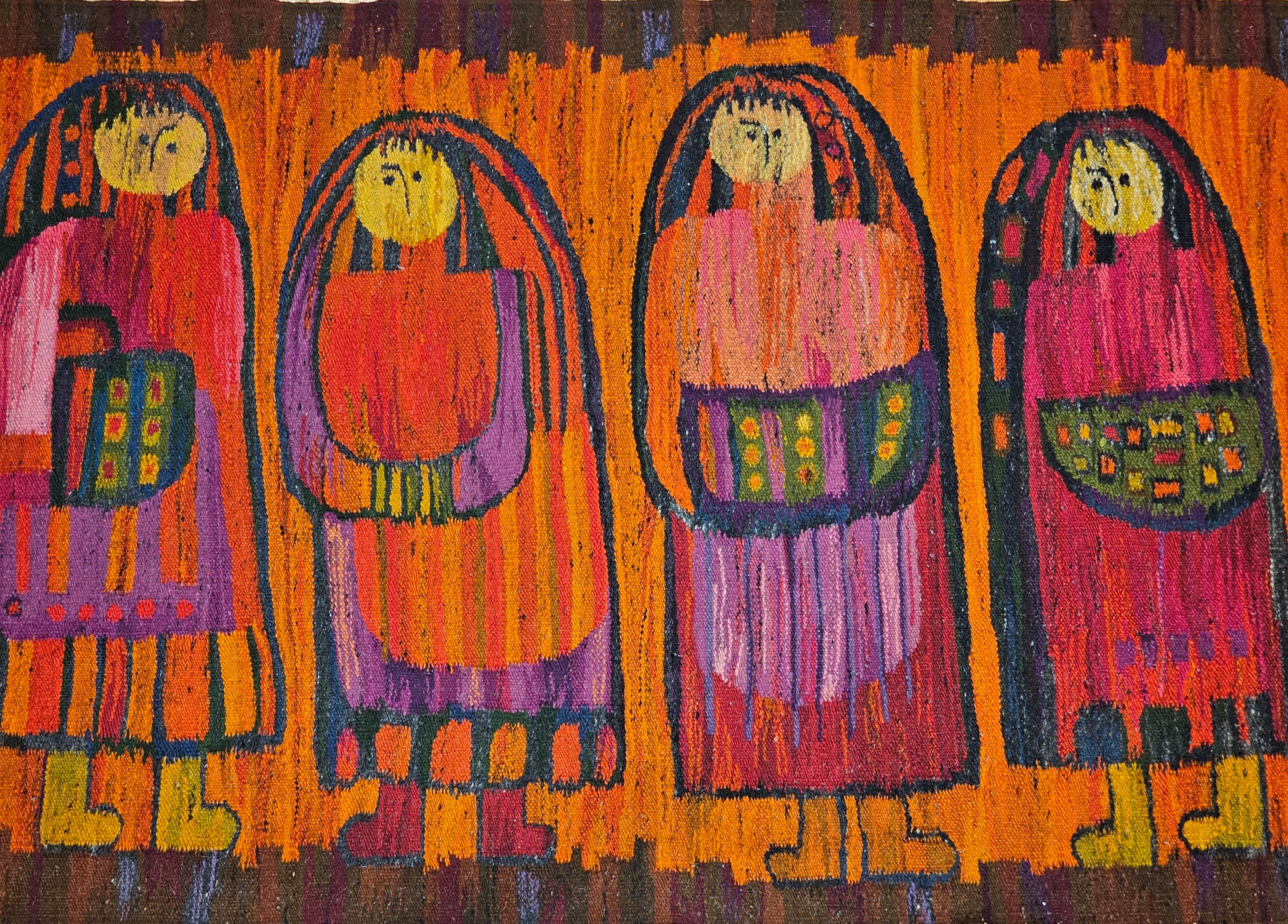The Folkloric design tapestry depicting four young school girls in traditional dresses in brilliant “fall colors” of crimson, yellow, orange, lavender make this truly a unique vintage art piece.   Looking at the tapestry's unique design and the use
