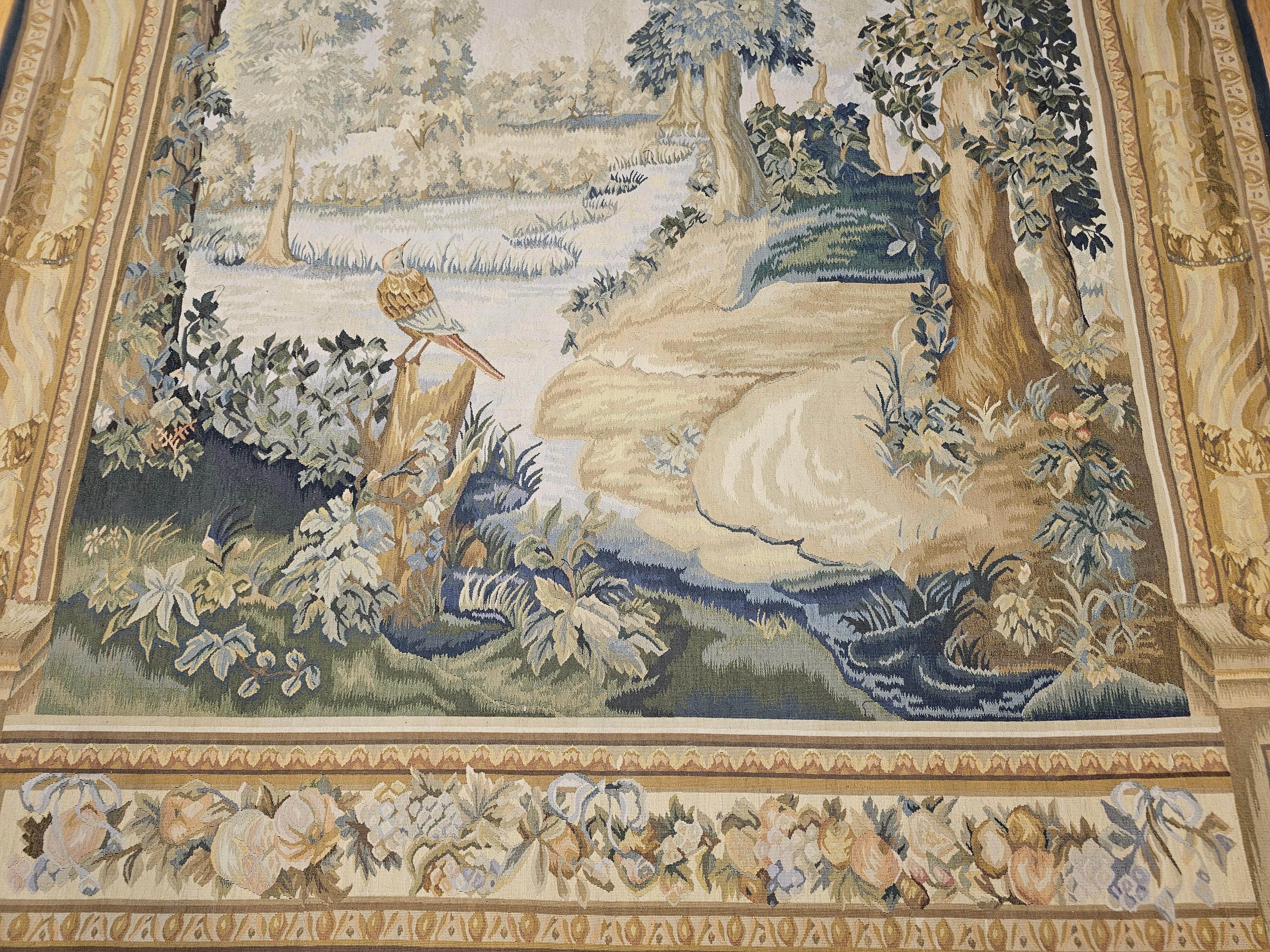 Vintage Hand-Woven French Aubusson Tapestry of Forest Scene with Birds in Trees For Sale 6