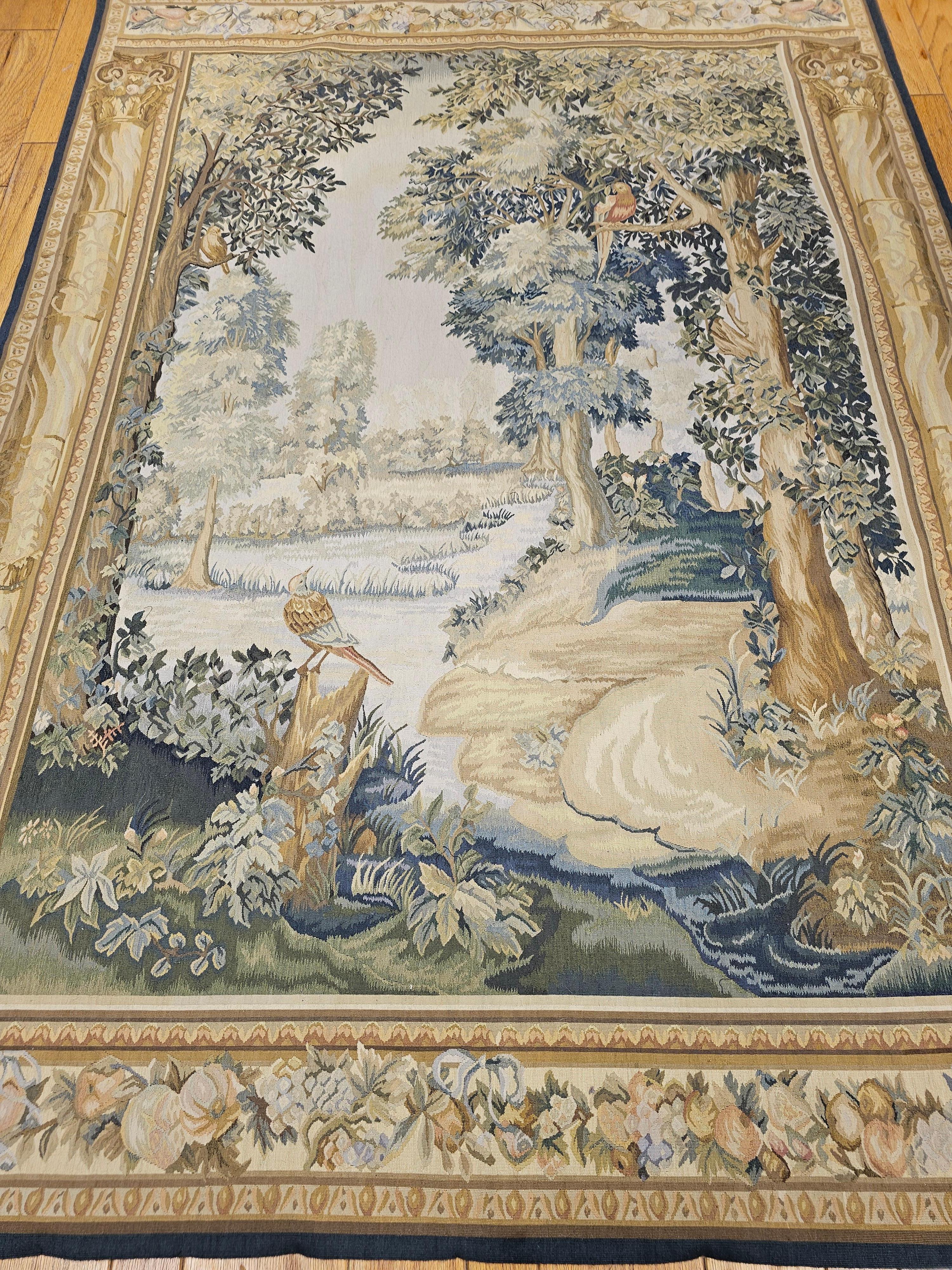 Vintage Hand-Woven French Aubusson Tapestry of Forest Scene with Birds in Trees For Sale 7