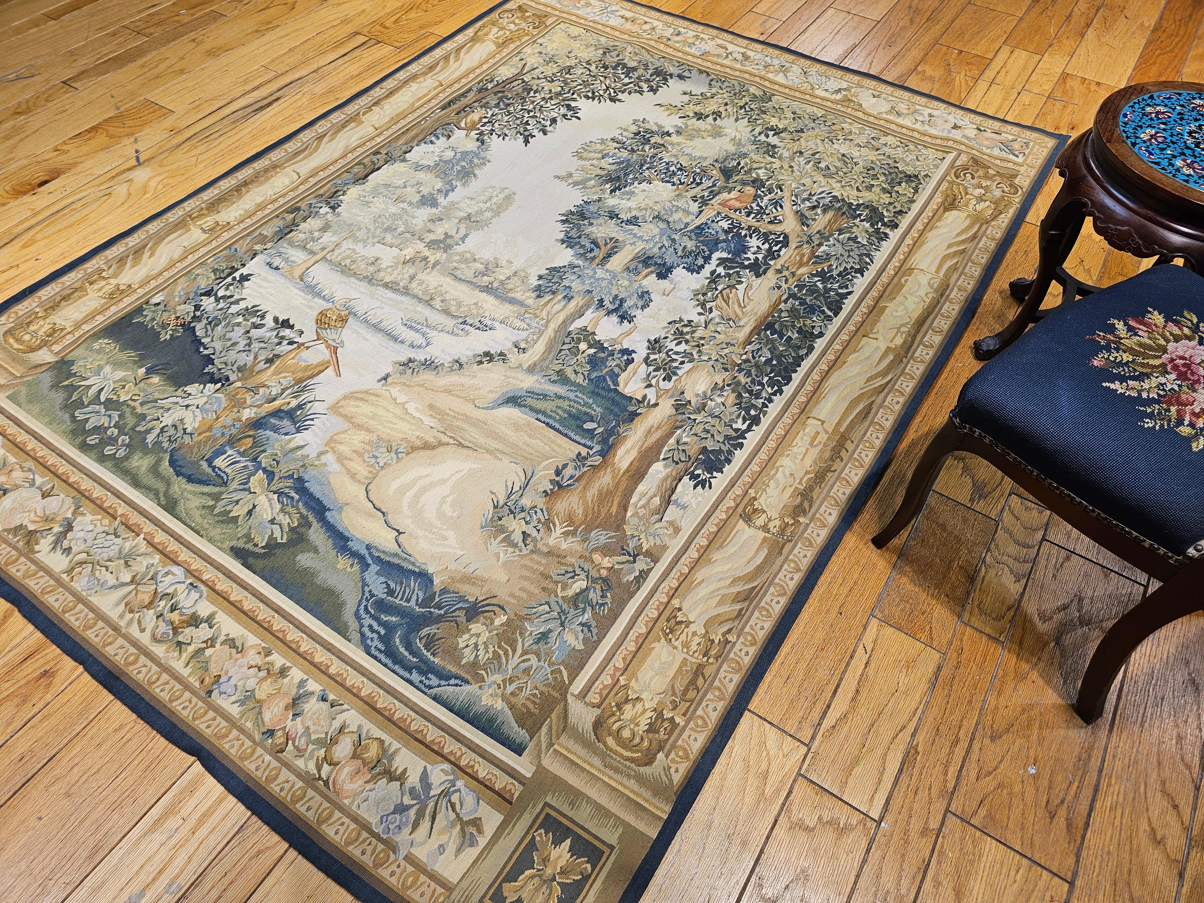Vintage Hand-Woven French Aubusson Tapestry of Forest Scene with Birds in Trees For Sale 9