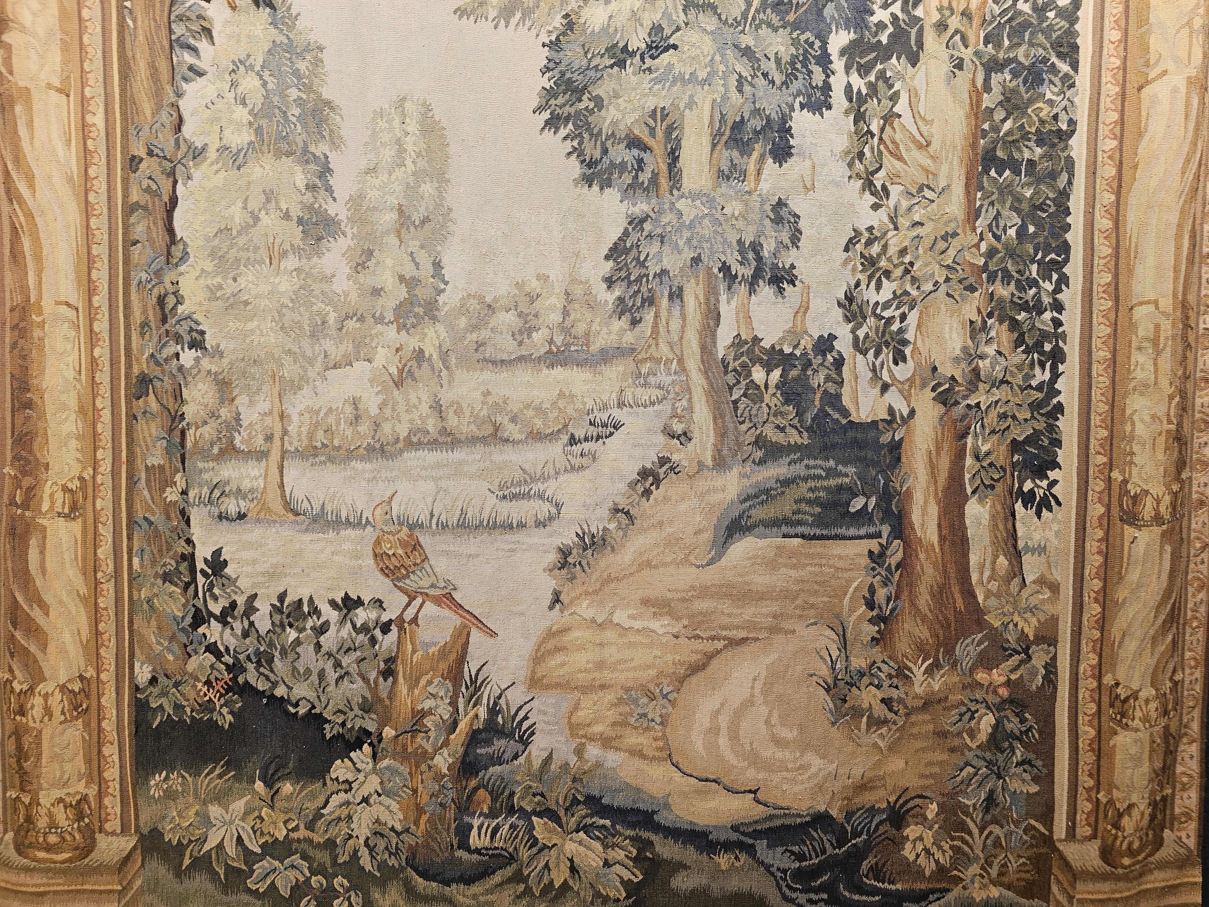 Vintage Hand-Woven French Aubusson Tapestry of Forest Scene with Birds in Trees In Good Condition For Sale In Barrington, IL