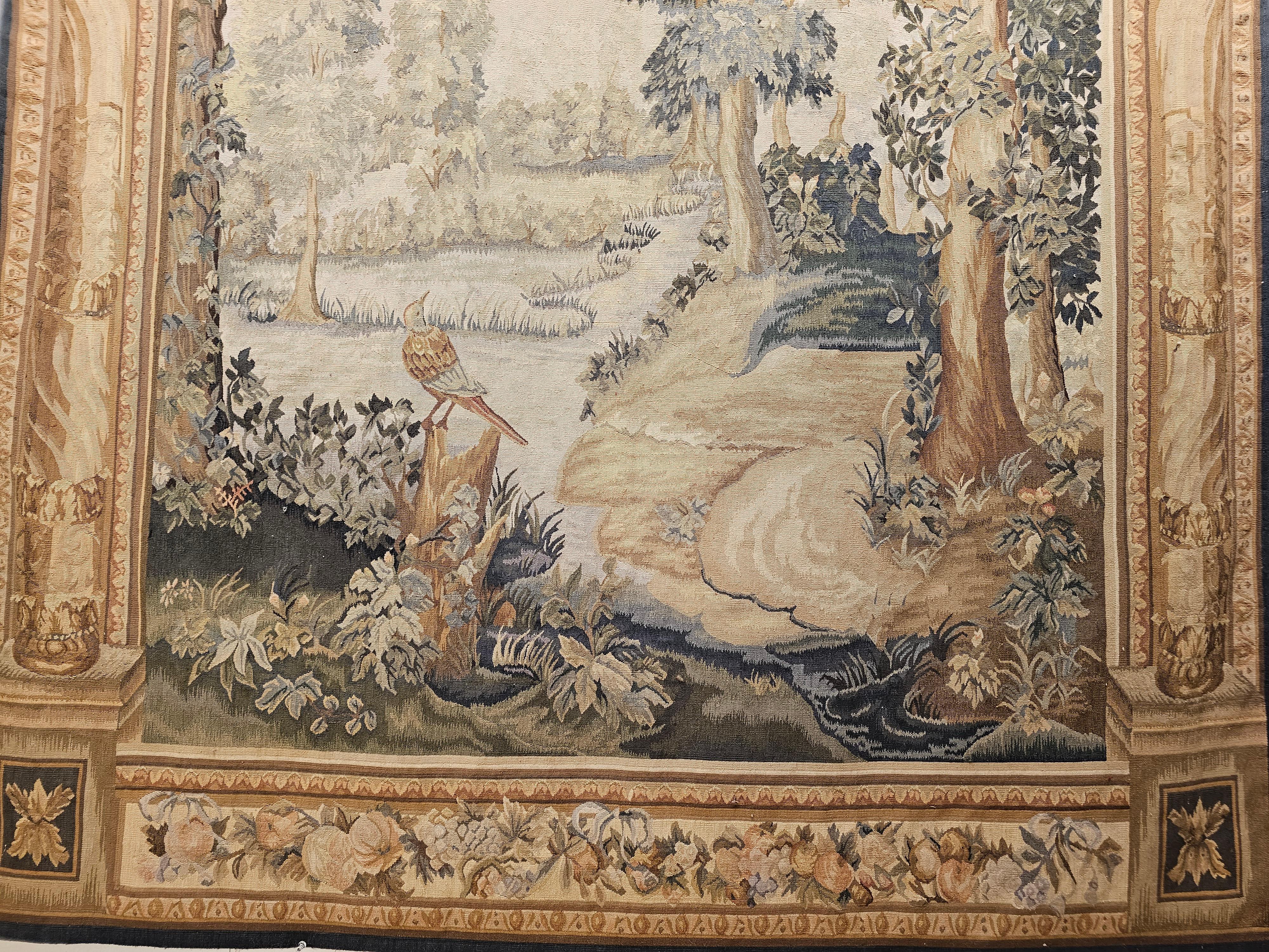 20th Century Vintage Hand-Woven French Aubusson Tapestry of Forest Scene with Birds in Trees For Sale
