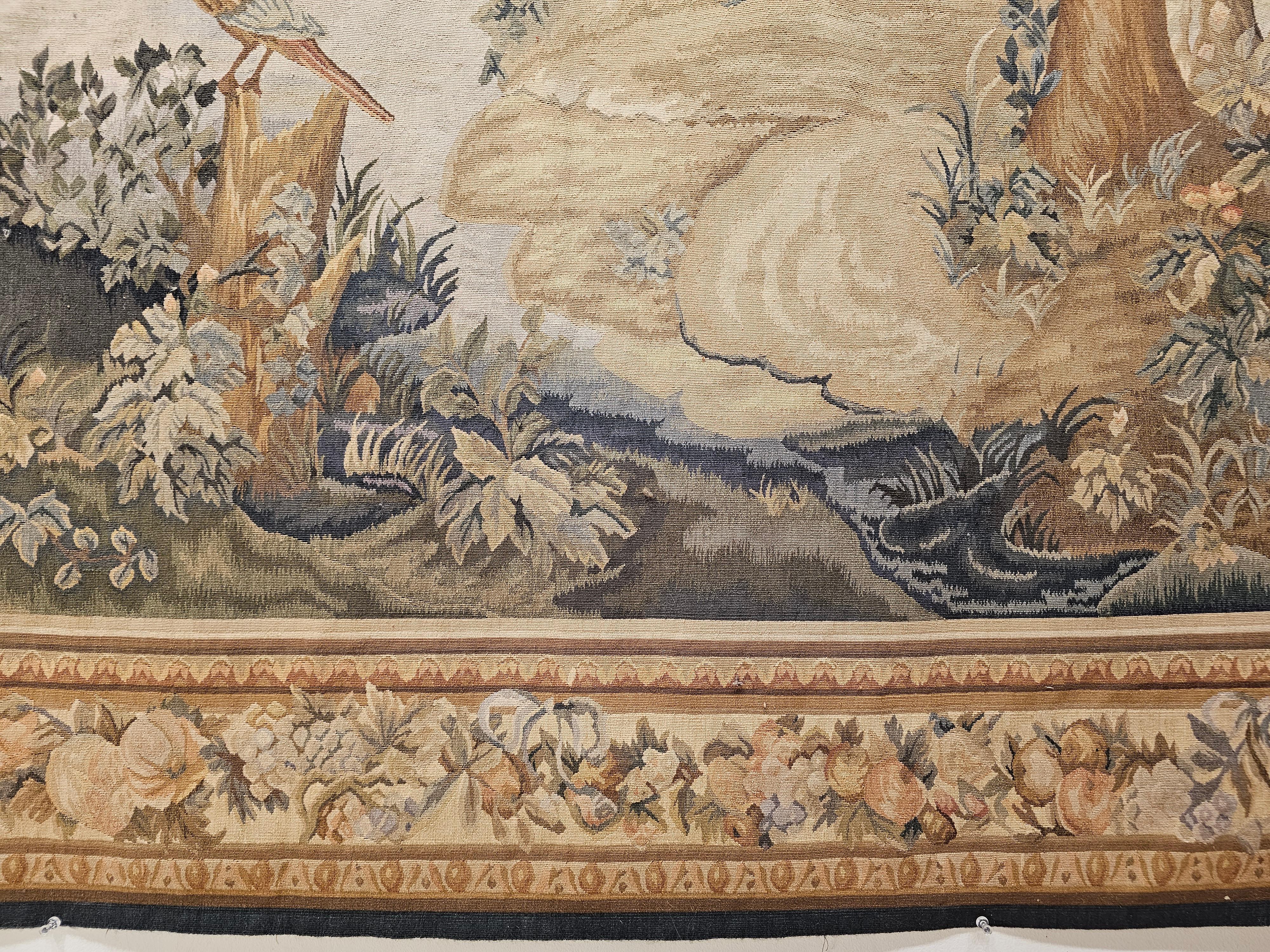 Vintage Hand-Woven French Aubusson Tapestry of Forest Scene with Birds in Trees For Sale 4